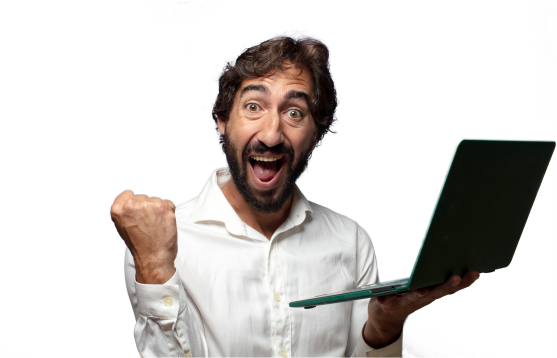 Excited man with a beard and curly hair, wearing a white shirt, holding a laptop in one hand and making a fist with his other hand, expressing celebration or success, against a black background.