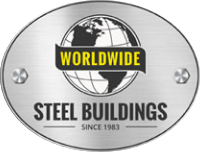 A metallic sign featuring a globe and the words 'Worldwide Steel Buildings Since 1983' with bolts securing it.