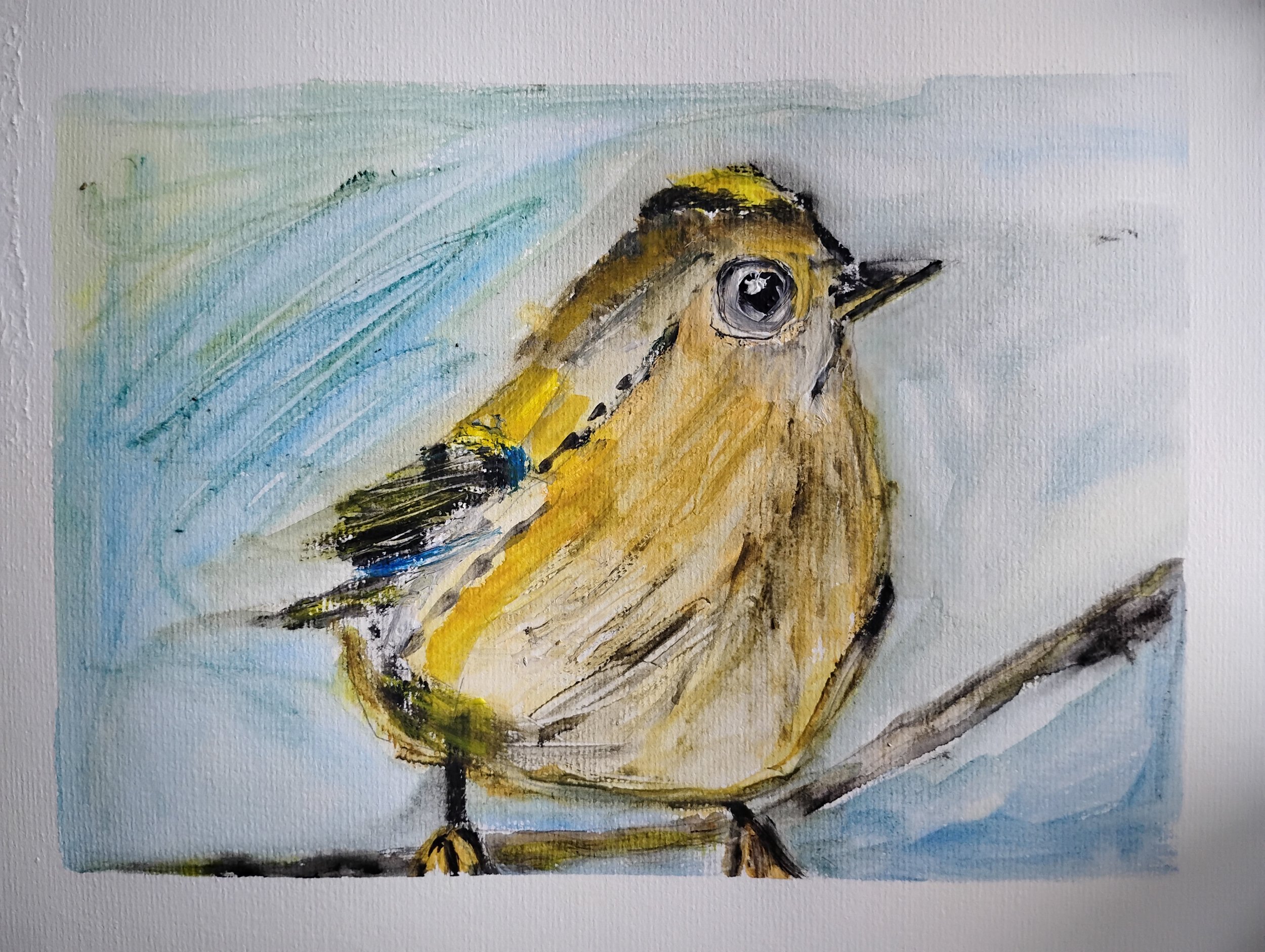 Watercolor painting of a small yellow bird with black markings, perched on a thin branch, with a blue and green background.