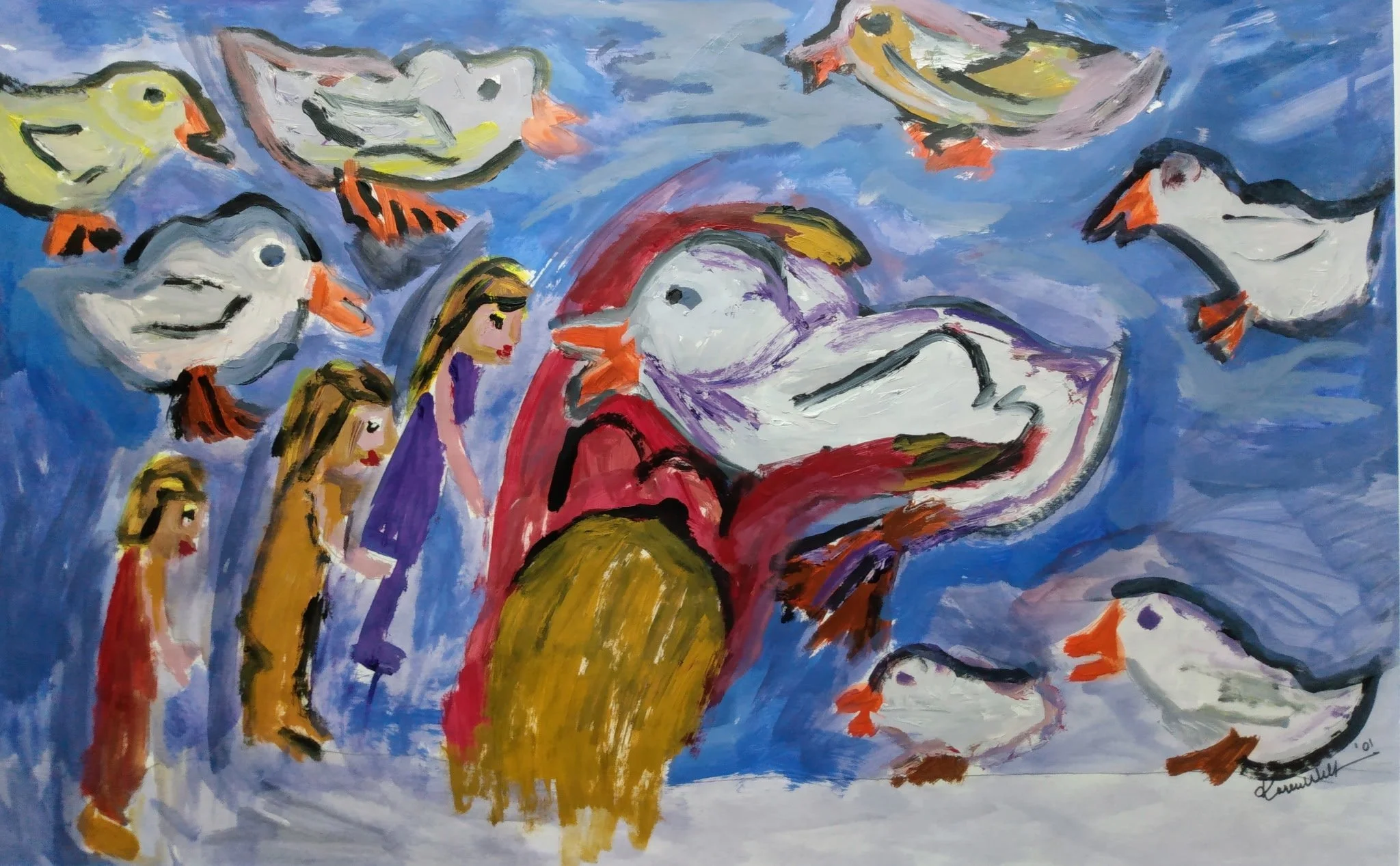 A colorful painting of children and ducks, with the children looking at the ducks in water, featuring a bright blue sky background.