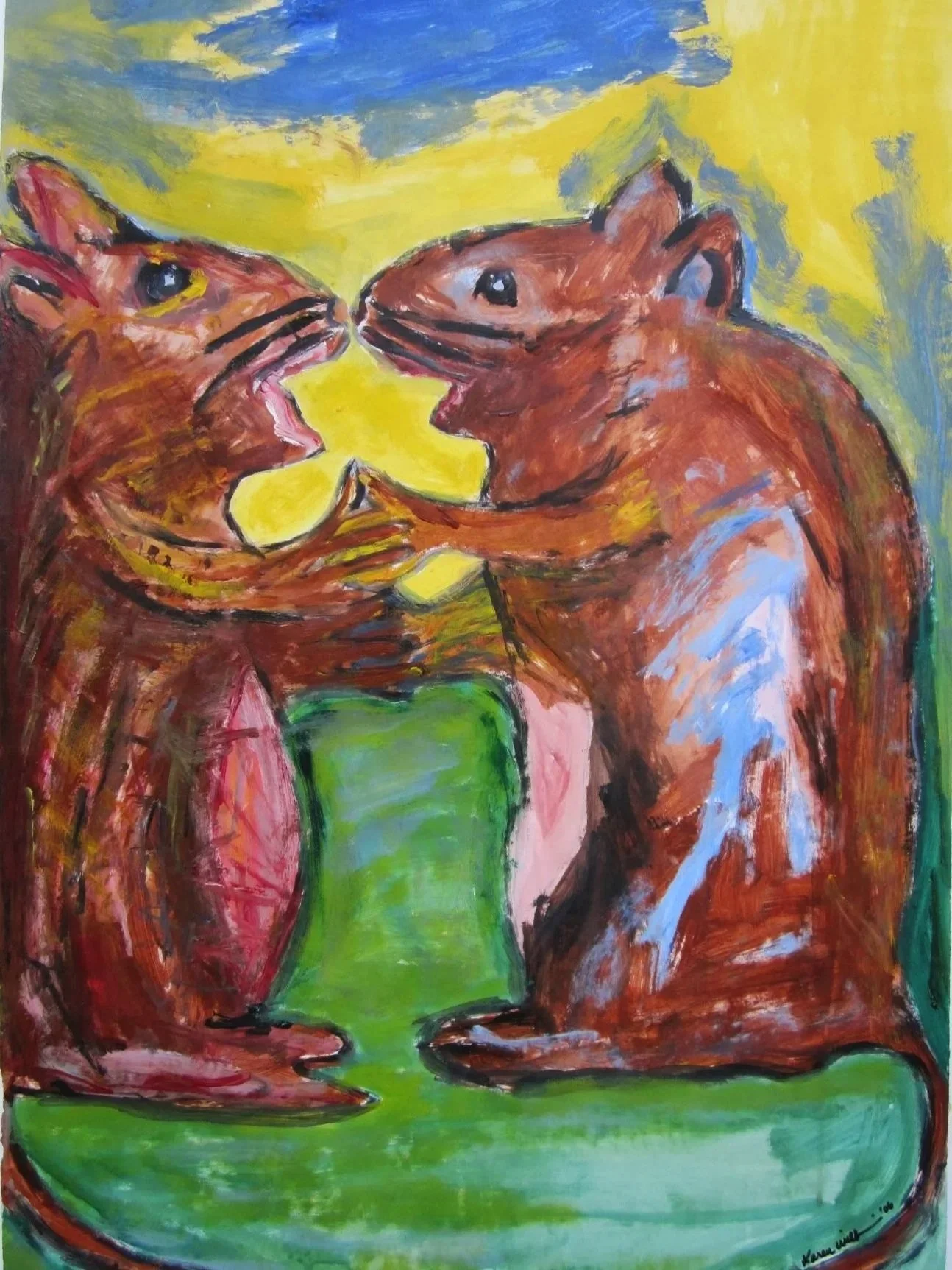 Abstract painting of two brown cats with faces close together, holding a yellow object between their paws, set against a colorful background with blue, yellow, green, and pink hues.
