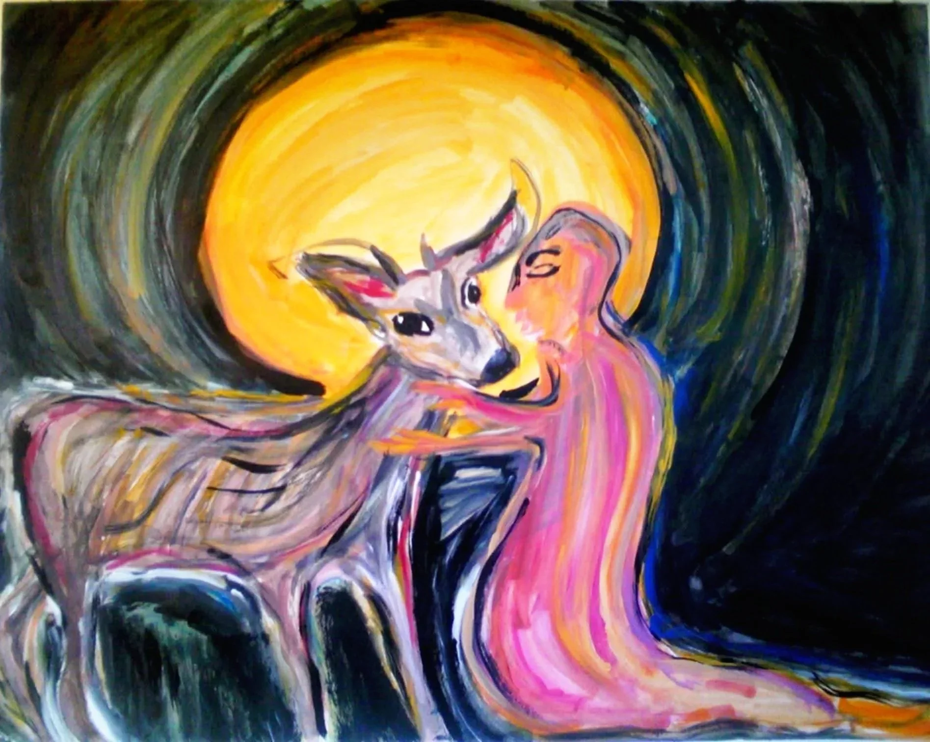 Abstract painting of two animals, one resembling a wolf or dog, and the other resembling a fox, embracing in front of a bright yellow circle, with dark swirling background.