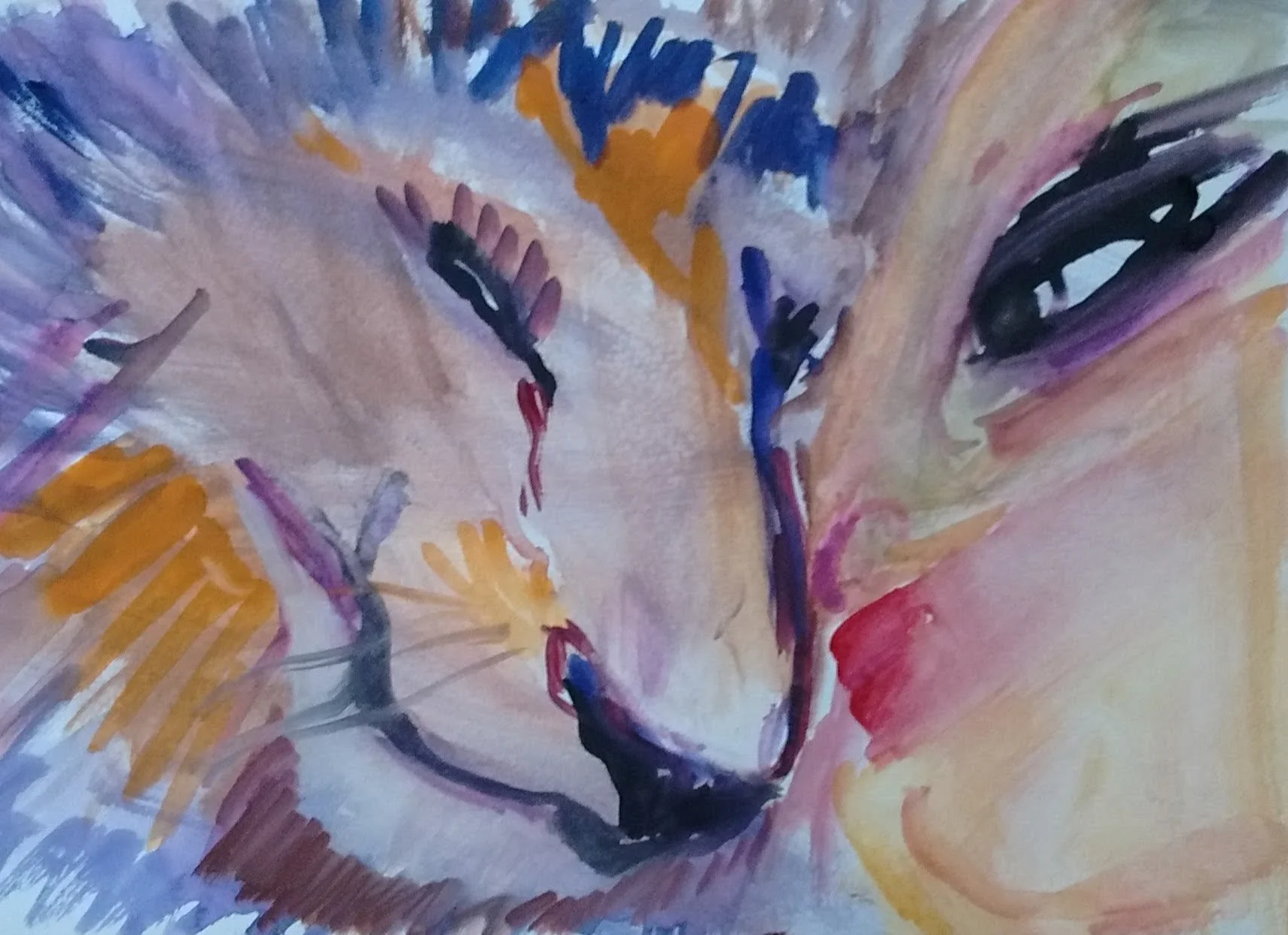 water colour painting by Karen Williamsof a lion and a person touching noses