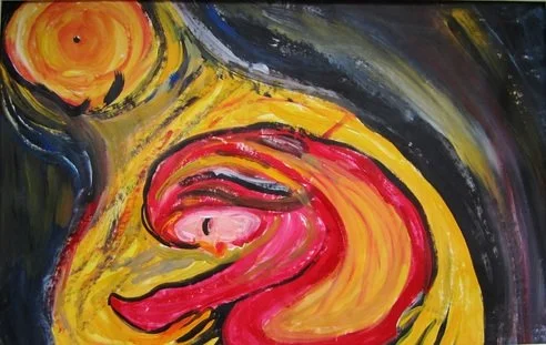 Abstract painting with a bright yellow sun, a swirl of yellow and pink colors, and dark swirling background.