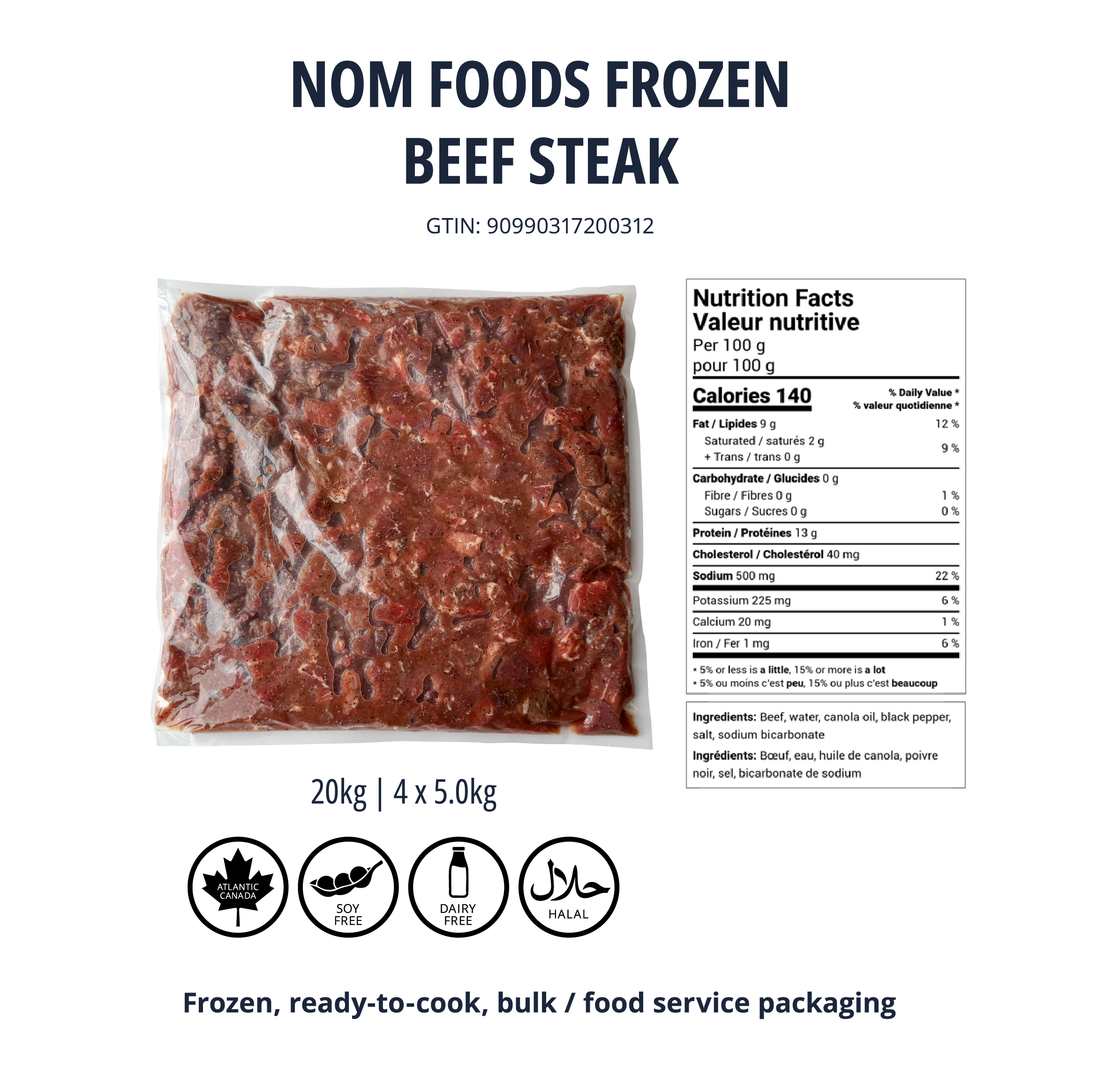 Package of frozen beef steak in a vacuum-sealed bag, labeled as Nom Foods Frozen Beef Steak, 20 kg, with nutritional information and icons indicating it is Atlantic Canada certified, soy-free, dairy-free, and halal, suitable for bulk food service use.