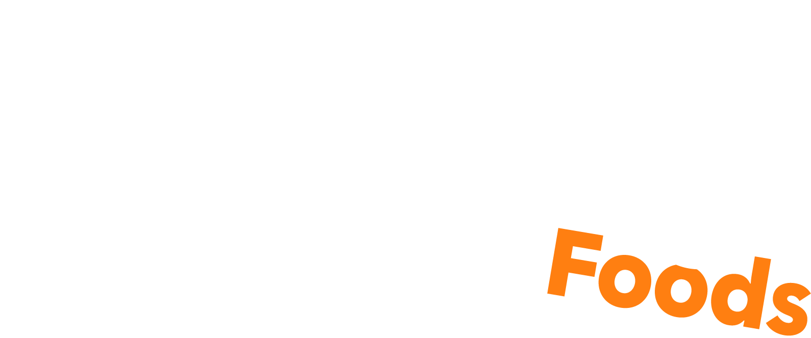 Logo of NOM Foods, a transparent background with the word 'NOM' in large white uppercase letters, and the word 'Foods' in smaller orange lowercase letters to the right.