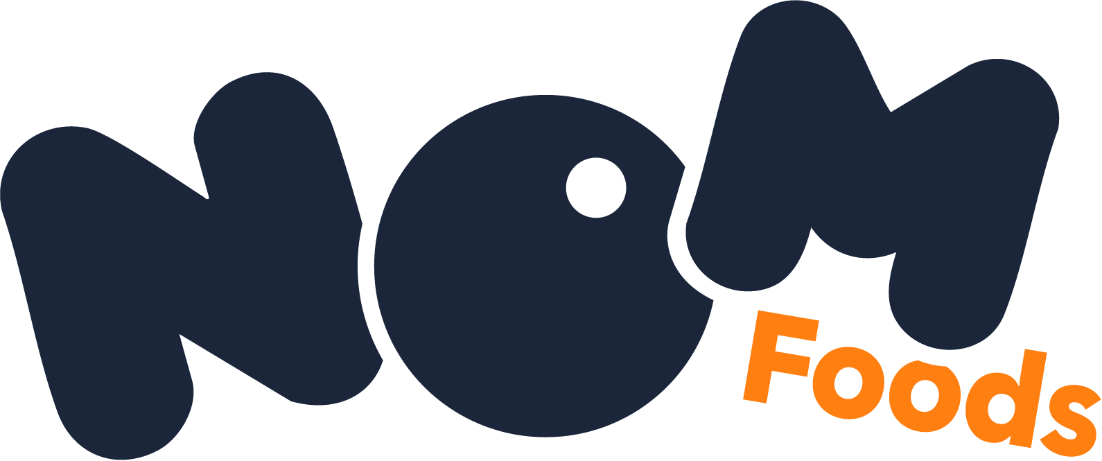 Logo of Moe's Foods with bold dark blue letters for 'Nom' and orange letters for 'Foods'.