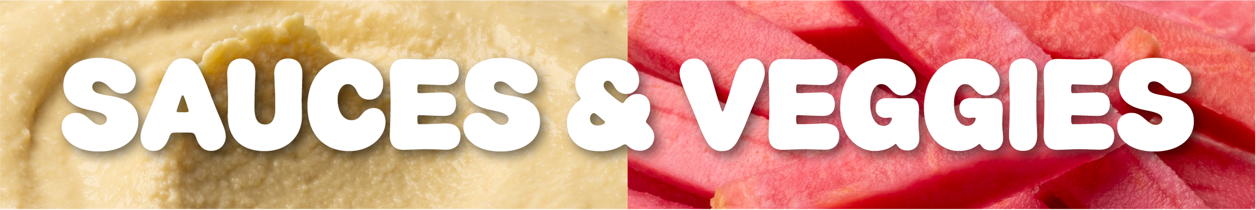 Close-up of a scoop of light-colored hummus with a splash of pink pickled turnips in the background. Text overlay reads 'SAUCES & VEGGIES'.