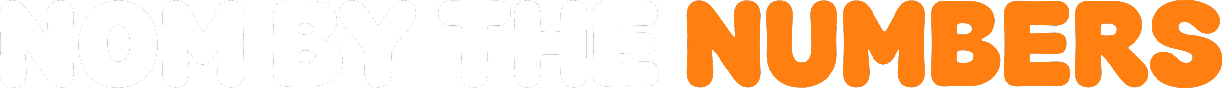Text reading 'NOM BY THE NUMBERS' with 'NUMBERS' in orange and the rest in white.