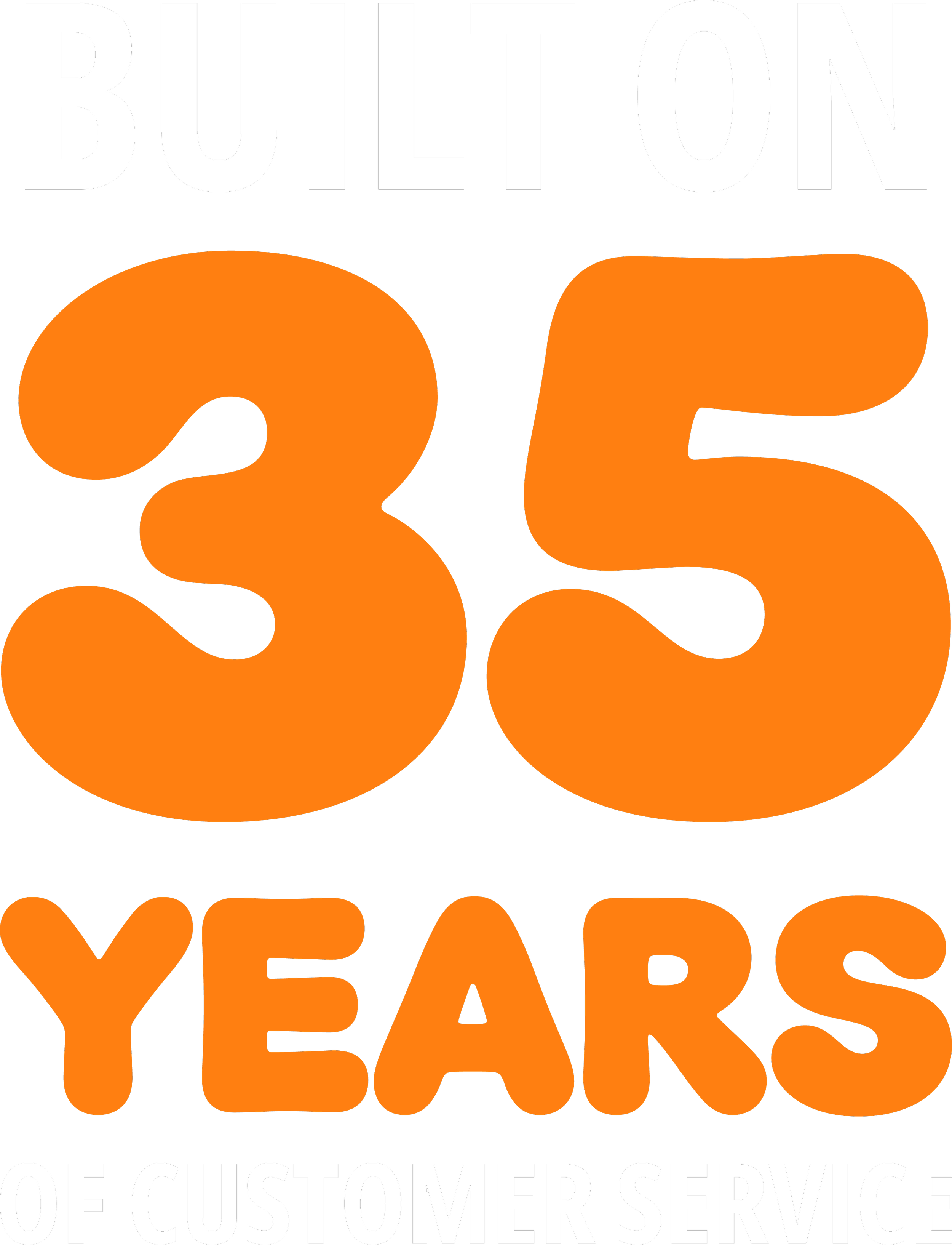 Celebrating 35 years of customer service with bold black, white, and orange text.
