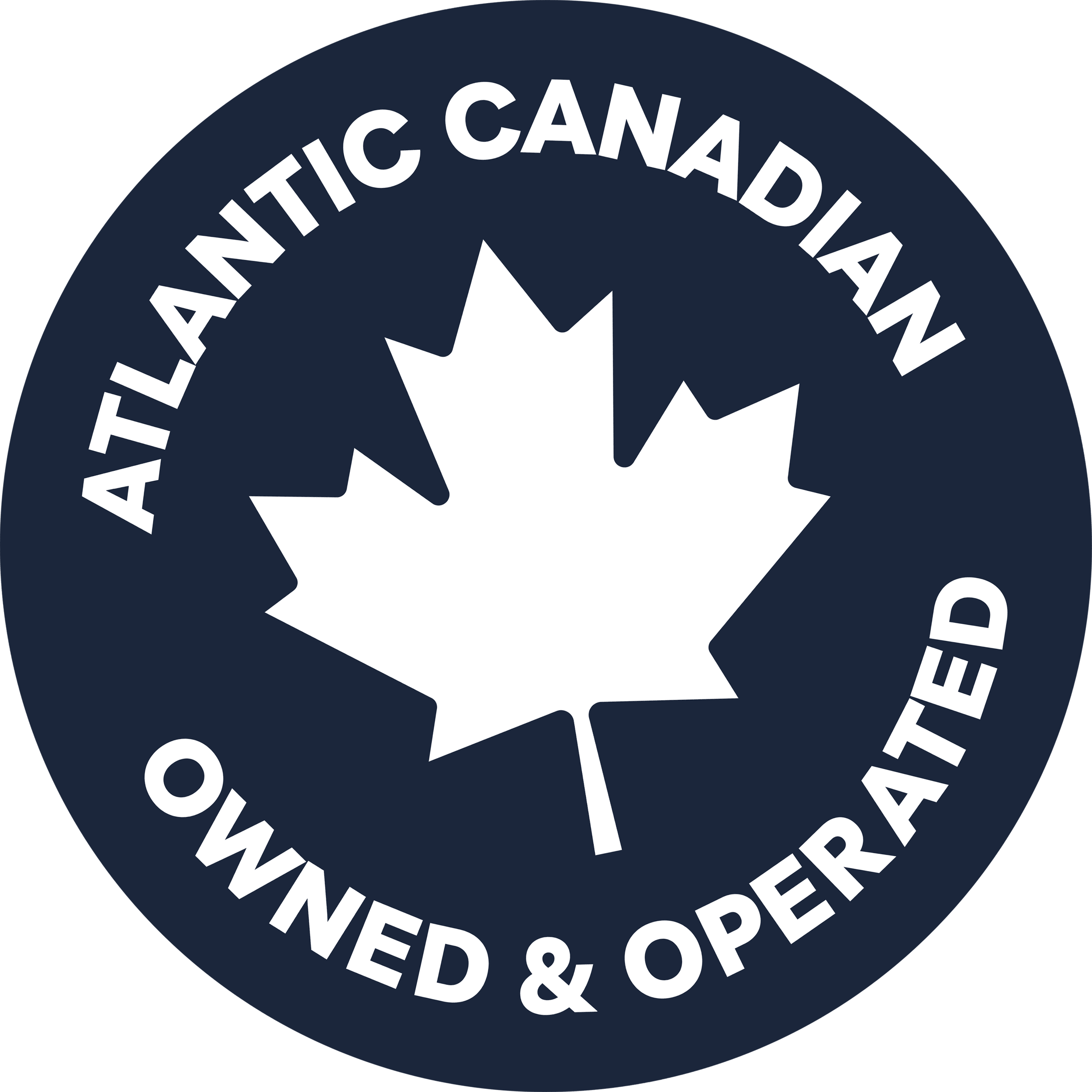 A circular logo with a white maple leaf in the center and navy blue background. The text around the logo reads 'Atlantic Canadian Owned & Operated.'