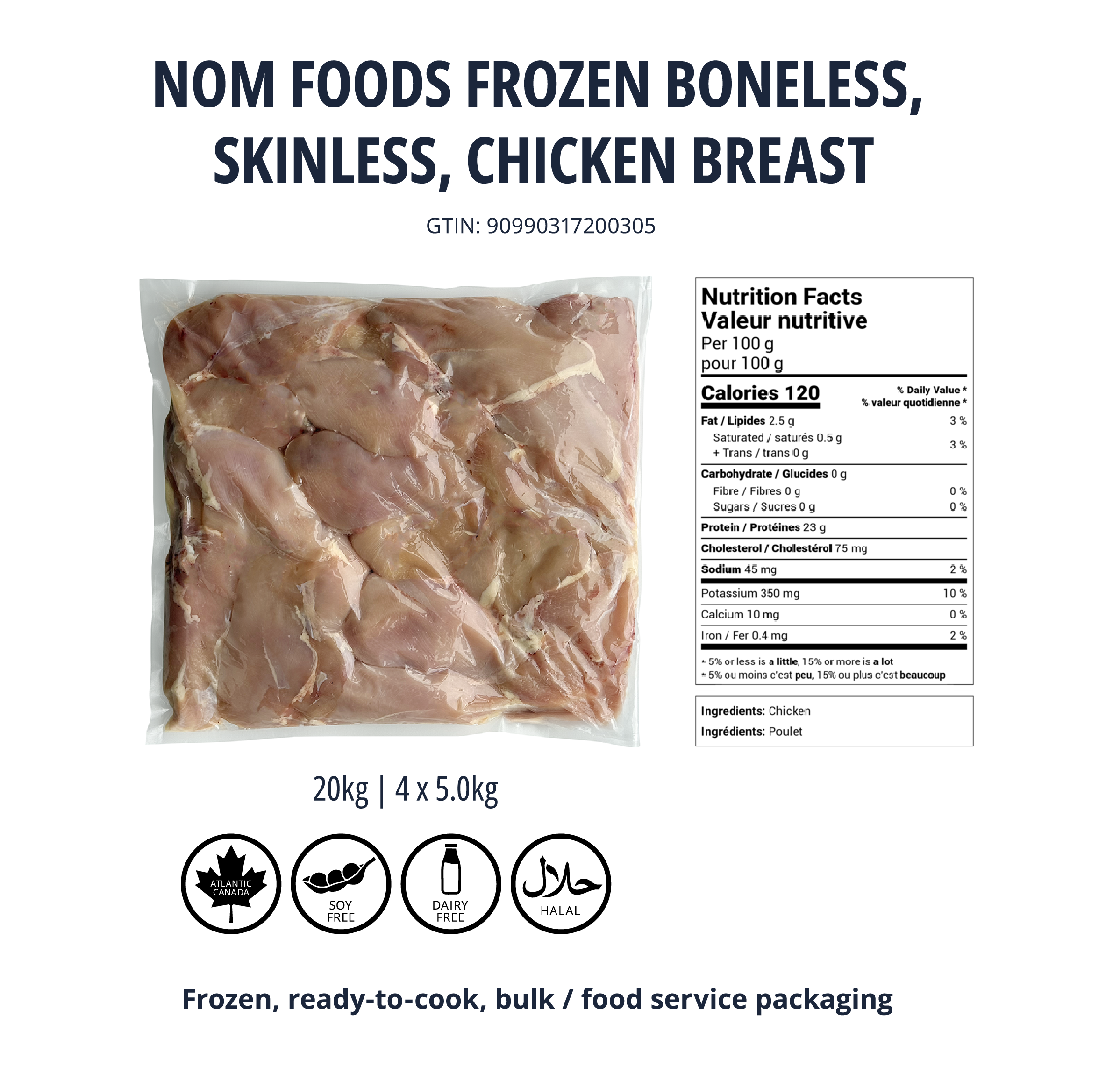 Packaging of frozen boneless, skinless chicken breast, with labels indicating it is 20 kilograms divided into four 5-kilogram packs, and icons showing it's Atlantic Canada origin, soy free, dairy free, and halal. The package has nutrition facts, ingredients listed as chicken, and that it is ready-to-cook, bulk food service packaging.