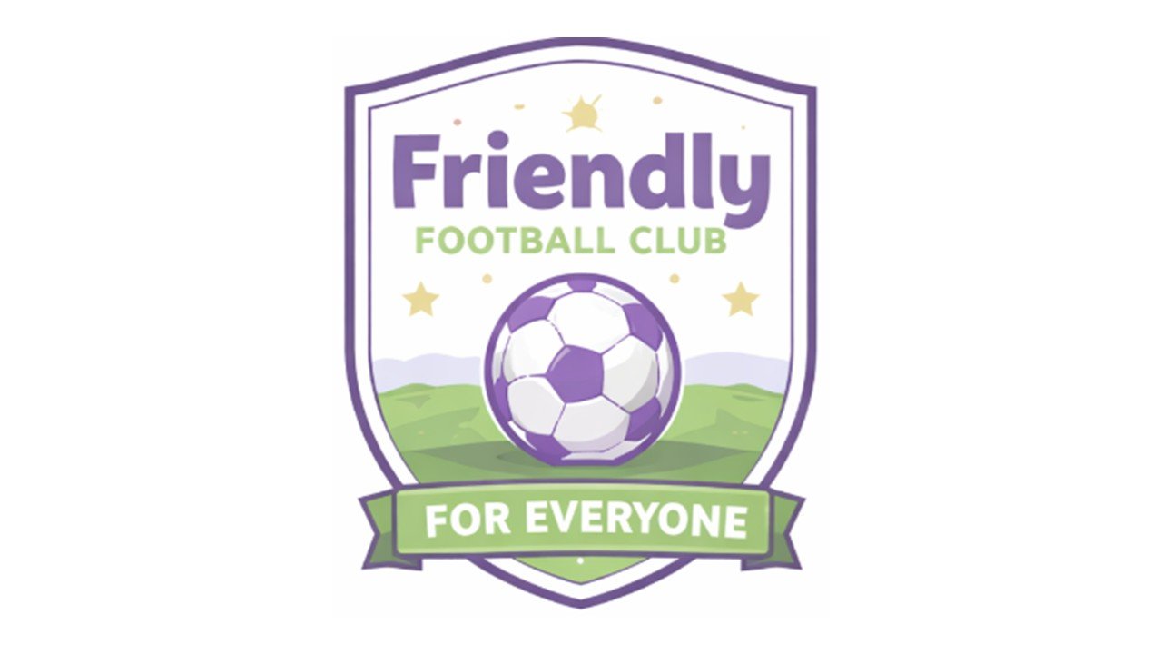 A colorful logo for 'Friendly Football Club' featuring a soccer ball, a green field background, and a banner that says 'For Everyone'.