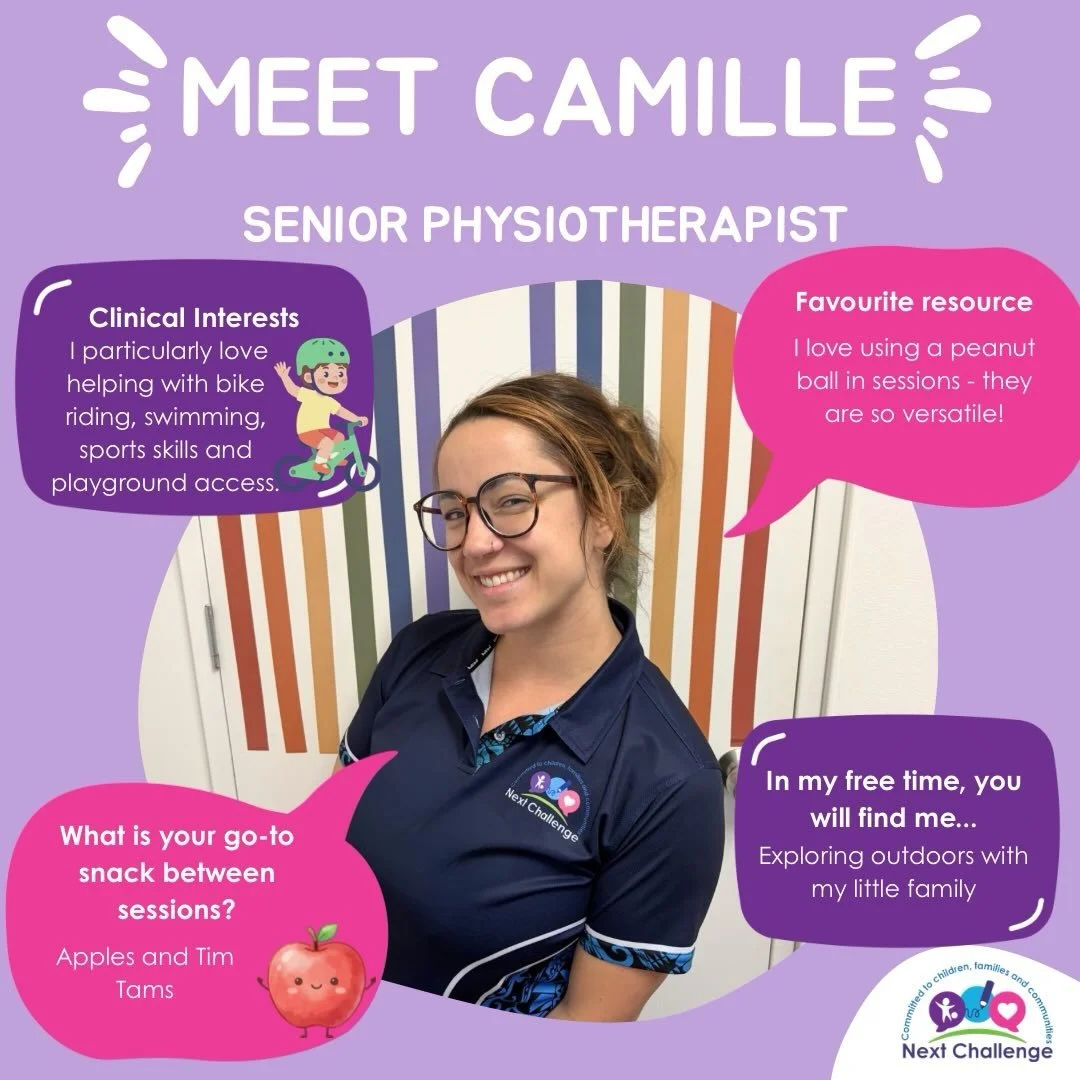💜 Meet Camille! 👋💜

Camille is one of our Senior Physiotherapists who brings a fun, supportive and family-centred approach to every session 🌈

She loves supporting children to build confidence with bike riding, swimming, sports skills and playgro