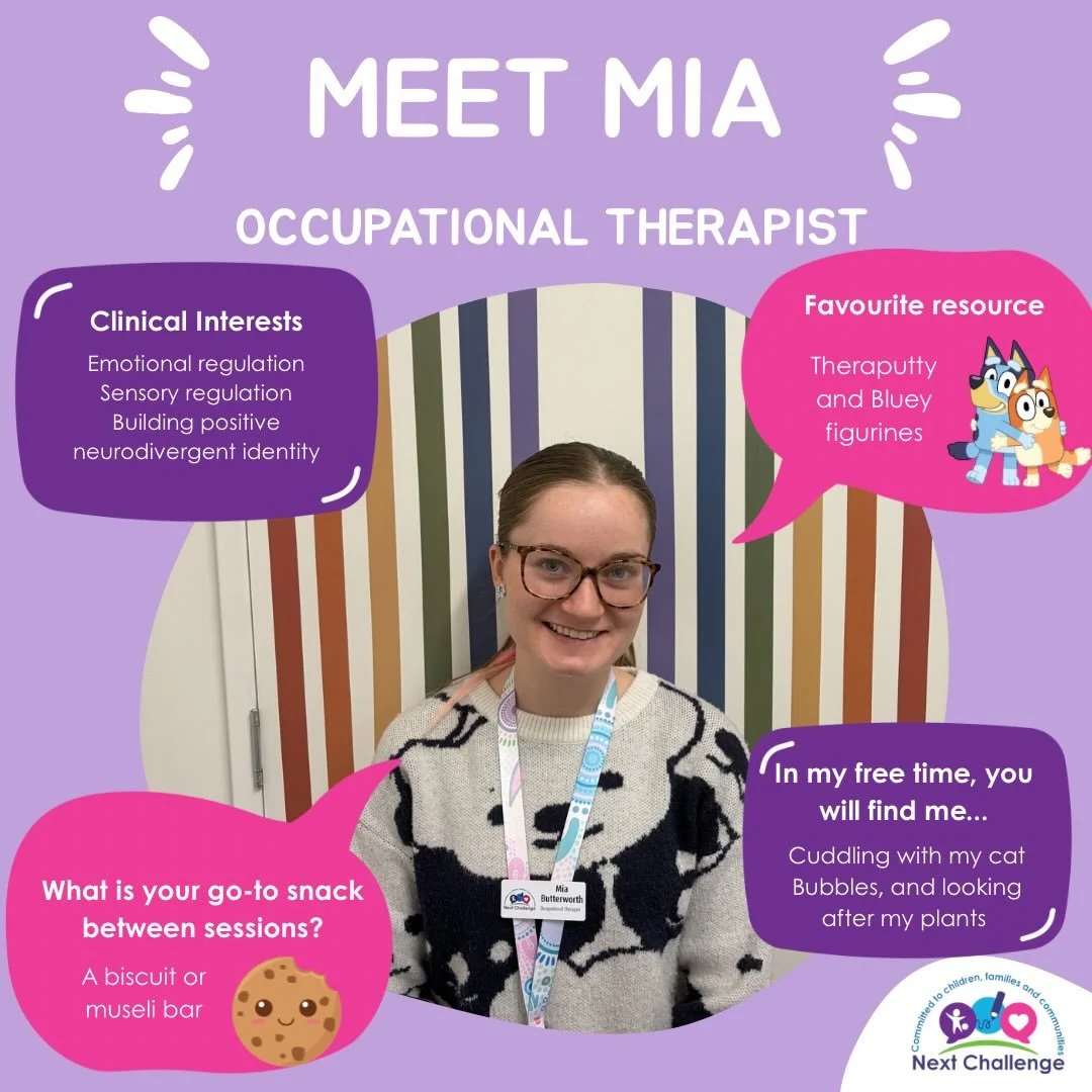 💜 Meet Mia! 👋💜

Mia is one of our Occupational Therapists who brings a calm, thoughtful and neuroaffirming approach to every session 🌈

She has a special interest in emotional regulation, sensory regulation and supporting children to build a posi