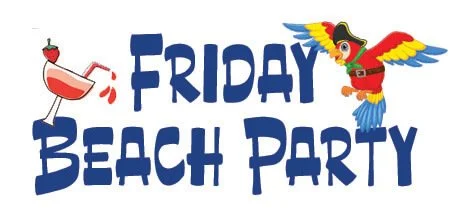 Friday beach party text with parrot and cocktail glass