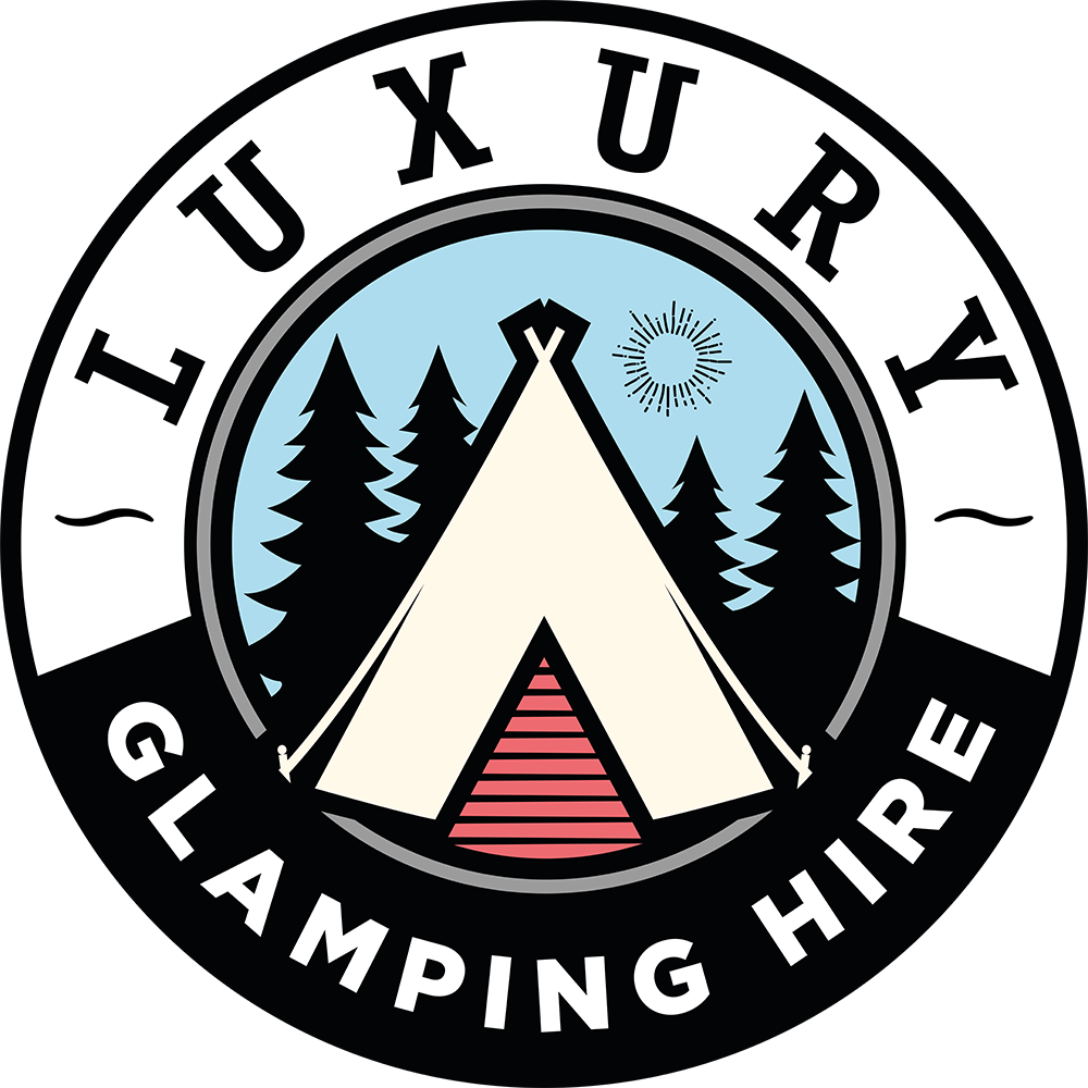 A round logo with a black background, depicting a camping scene with a tent, trees, and a sun, and the words 'LEUPUY CAMPING HIRE' surrounding it.