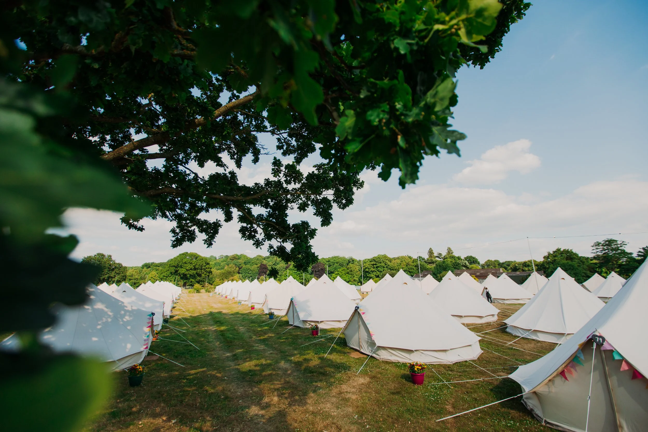 A field with multiple white camping tents arranged in rows under a partly cloudy sky, with greenery and trees in the background.