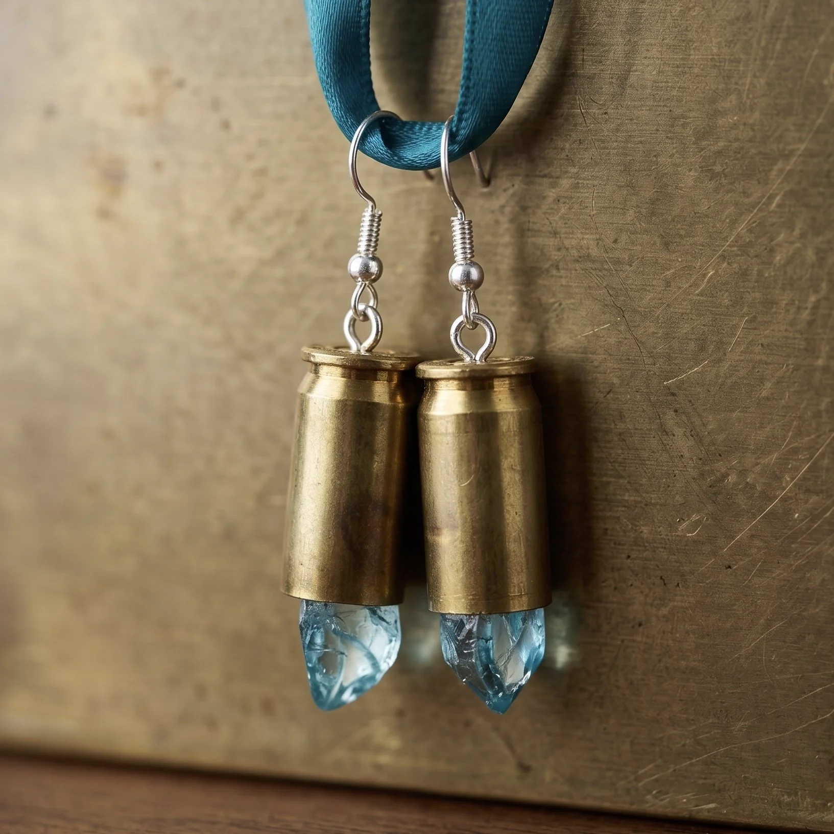.45 Cal Brass Brass Earrings with Blue Crystals