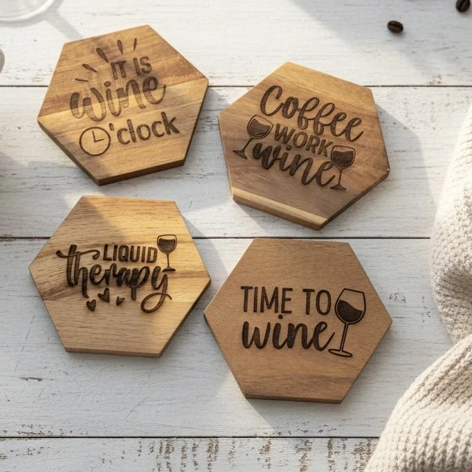 Customizable Hexagon Acacia Coasters