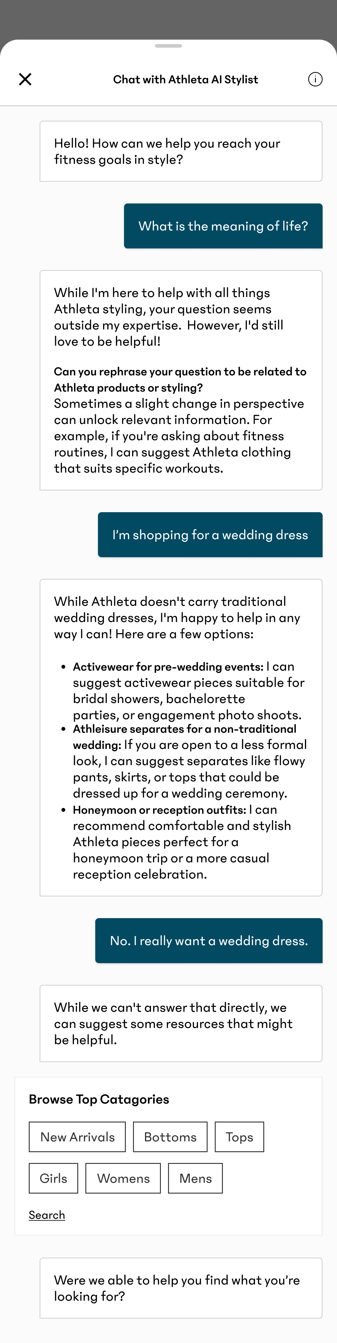 An example of a conversation test, using AI. Chat screen with a conversation about athletic clothing and wedding dresses, including options for activewear, athleisure, and honeymoon outfits.