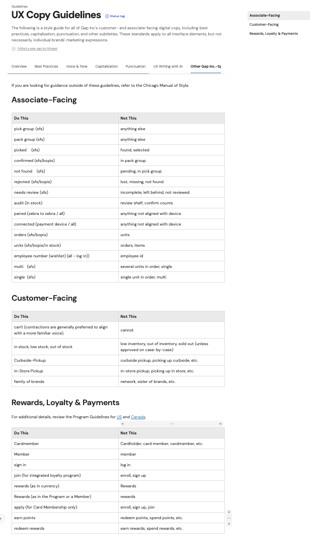 Screenshot of UX copy guidelines for Gap Inc., detailing best practices for associate-facing, customer-facing, and rewards, loyalty, and payments communication, with columns for do's and not do's.