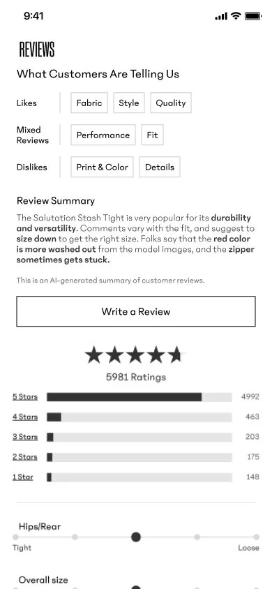 Mobile phone screen showing customer reviews interface with ratings, review summary, and filters for fabric, style, quality, performance, fit, print & color, and details. Star ratings and review counts are visible.