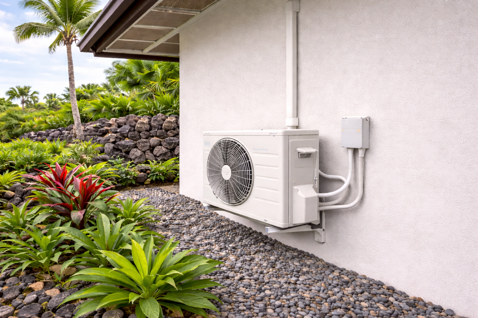 An air conditioning unit mounted on the exterior wall of a building, with lush tropical plants and bushes nearby.