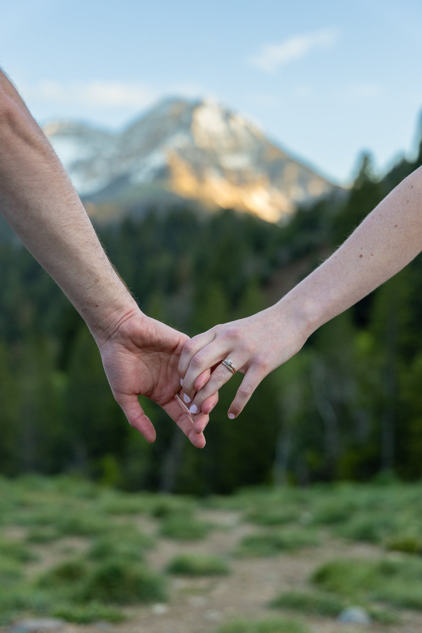 A close-up of a couple holding hands outdoors with mountains and trees in the background.