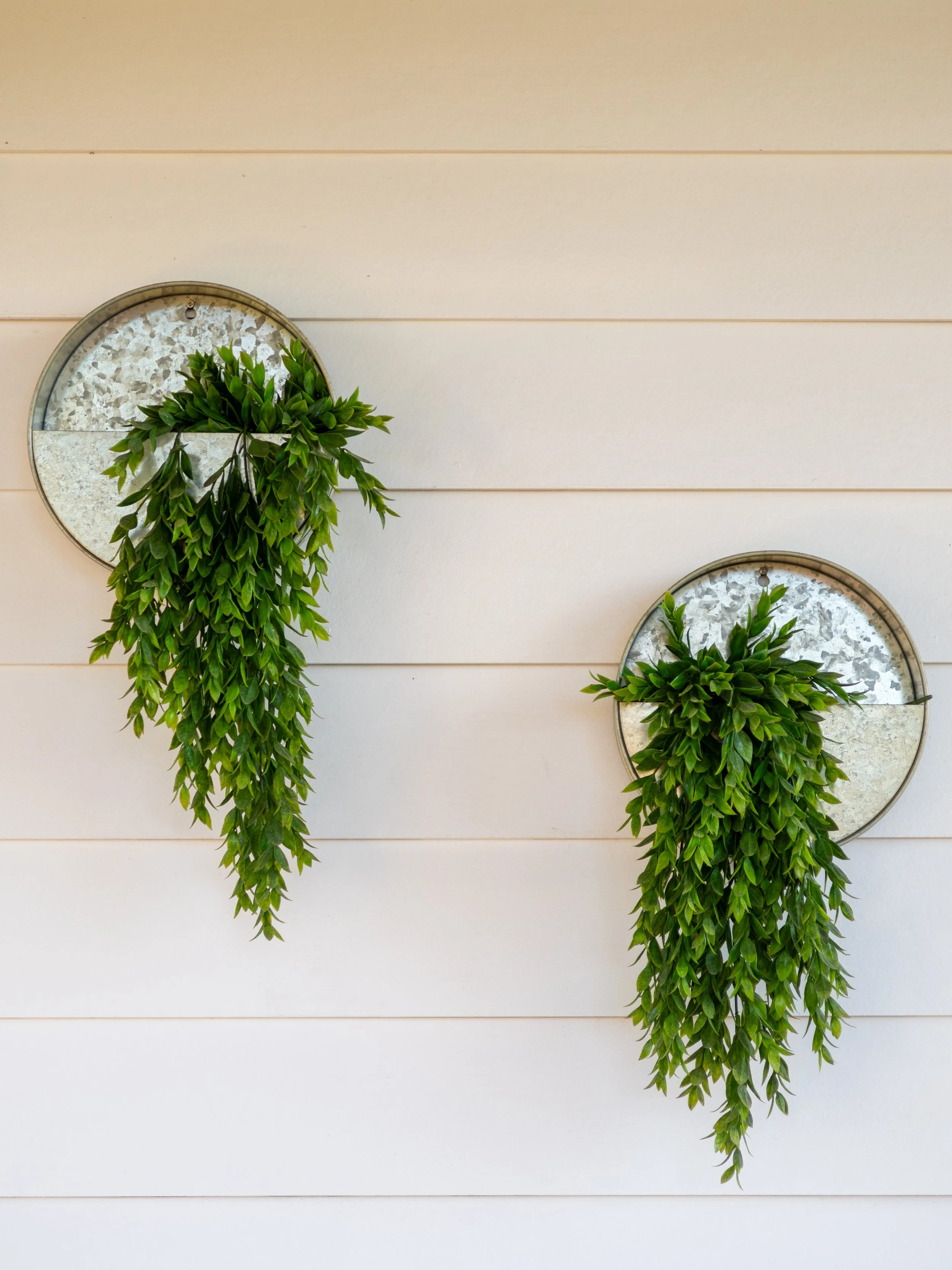 Two wall-mounted planters with green trailing plants on a light-colored shiplap wall.