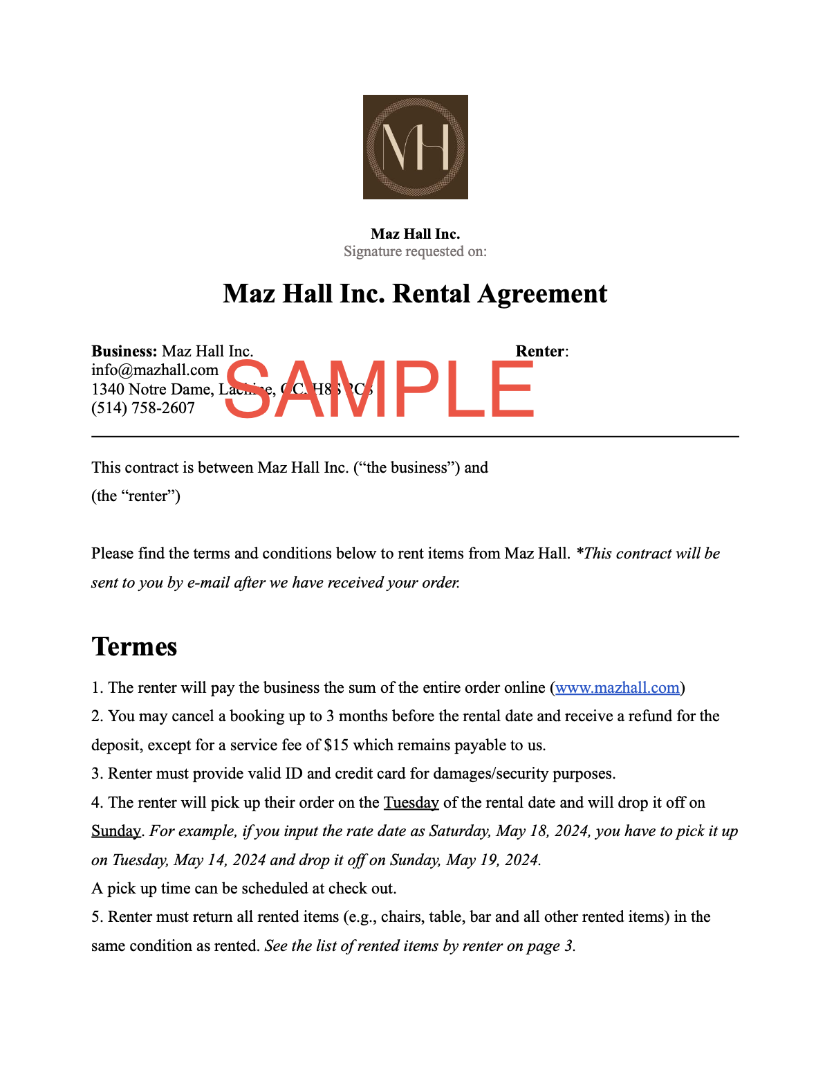 Sample rental agreement document from Maz Hall Inc. with company logo, contact information, and terms for renting items.