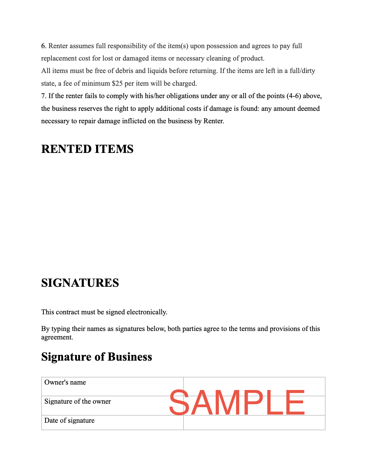 Sample rental agreement form with sections for signatures and rental terms.