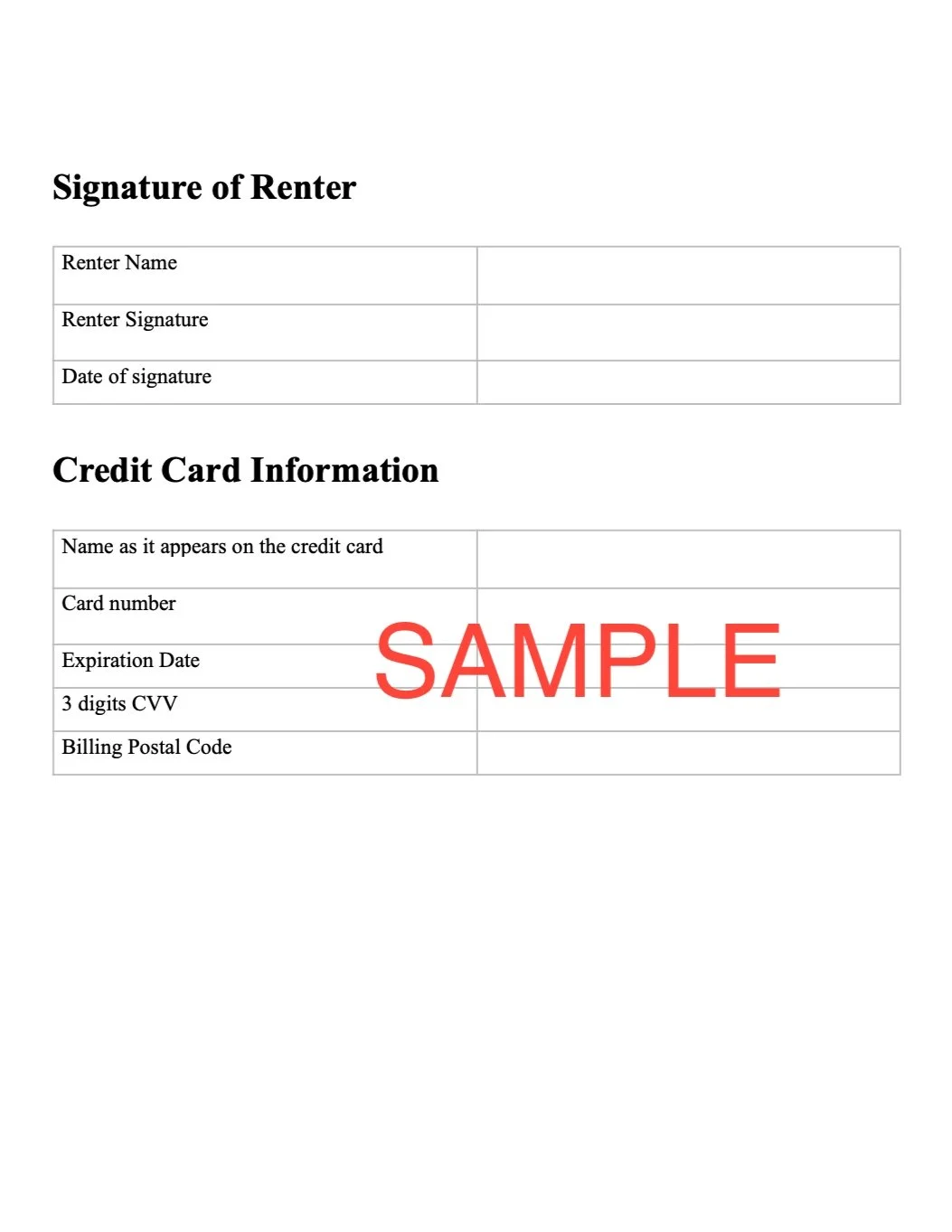 A rental agreement form with sections for renter's name, signature, and date, and a credit card information area with sample data and a large red 'SAMPLE' watermark across it.