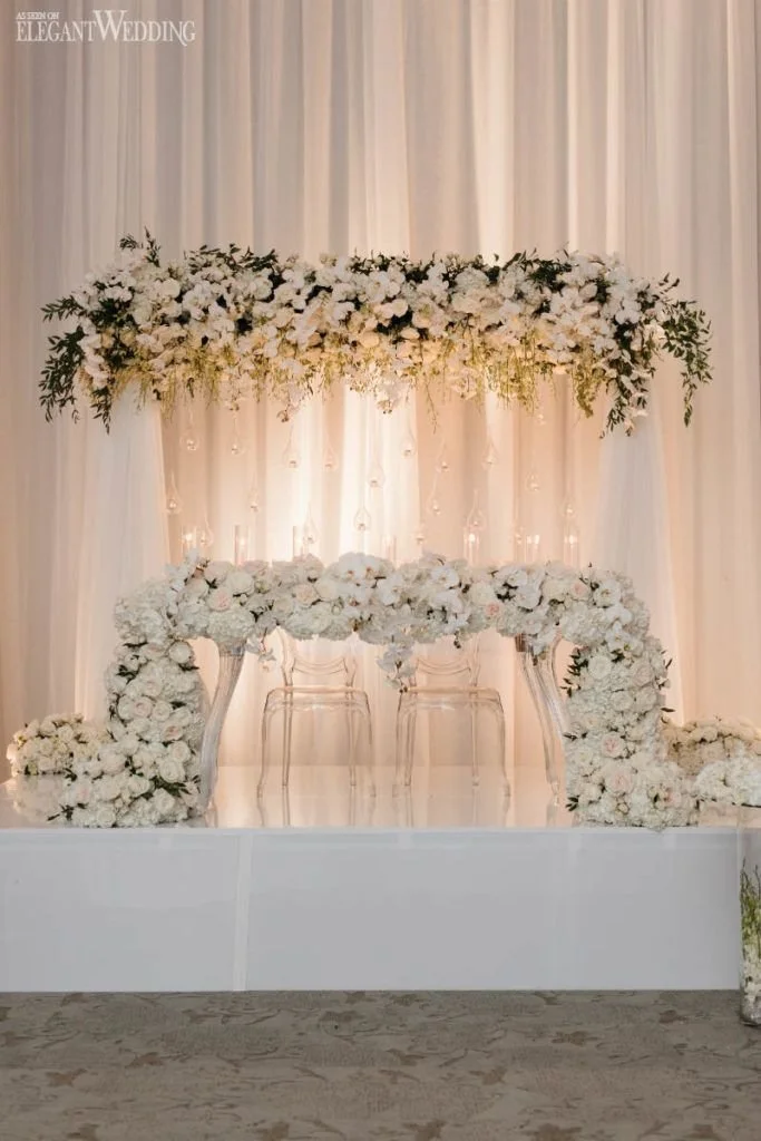 Elegant wedding altar decorated with white floral arrangements and sheer curtains, featuring clear chairs and soft lighting.