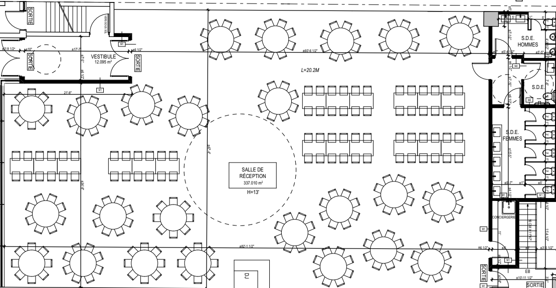 Architectural floor plan of a banquet hall with multiple round and rectangular tables, a reception area, restrooms, and entrances.