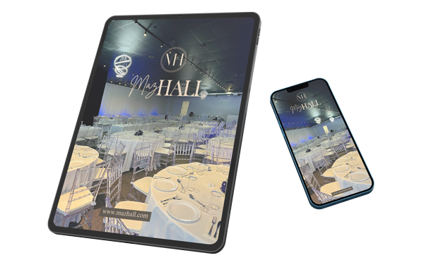 A tablet and a smartphone displaying the same image of an event space with round tables, white tablecloths, and chairs, with a sign reading 'MazHall' on the wall.