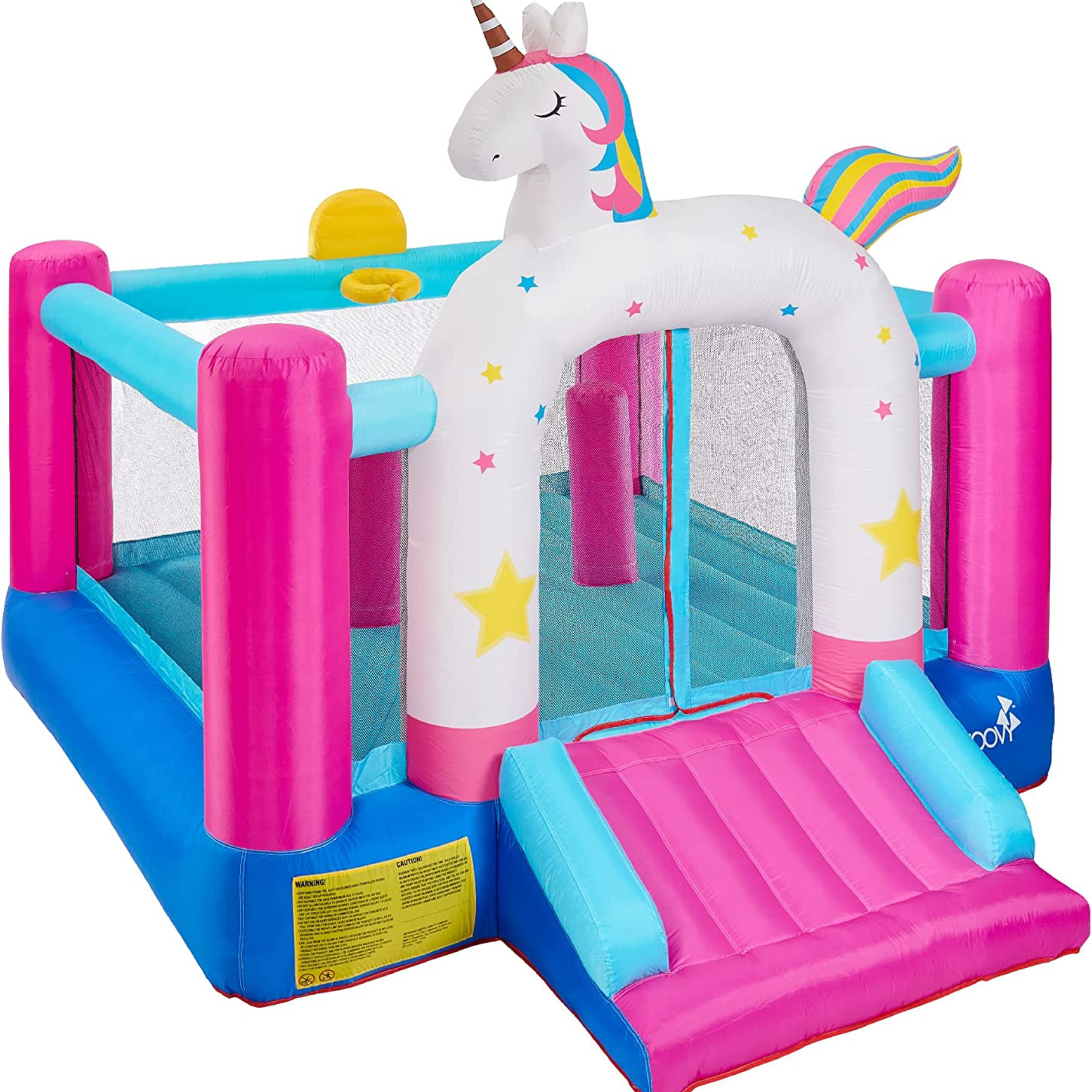 Colorful inflatable bounce house with a unicorn theme, featuring a unicorn head at the arch entrance, pink and blue pillars, and mesh sides for ventilation.