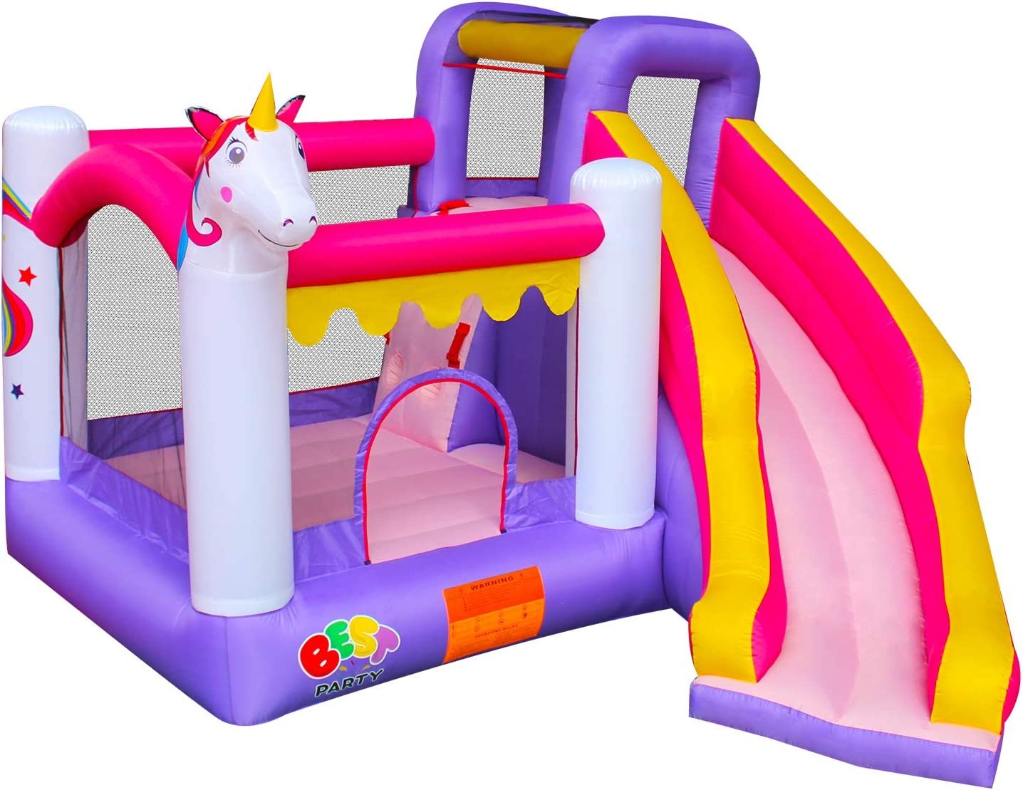Colorful inflatable bounce house with a unicorn theme, featuring a slide and a small entrance, decorated with bright pink, purple, yellow, and white colors.