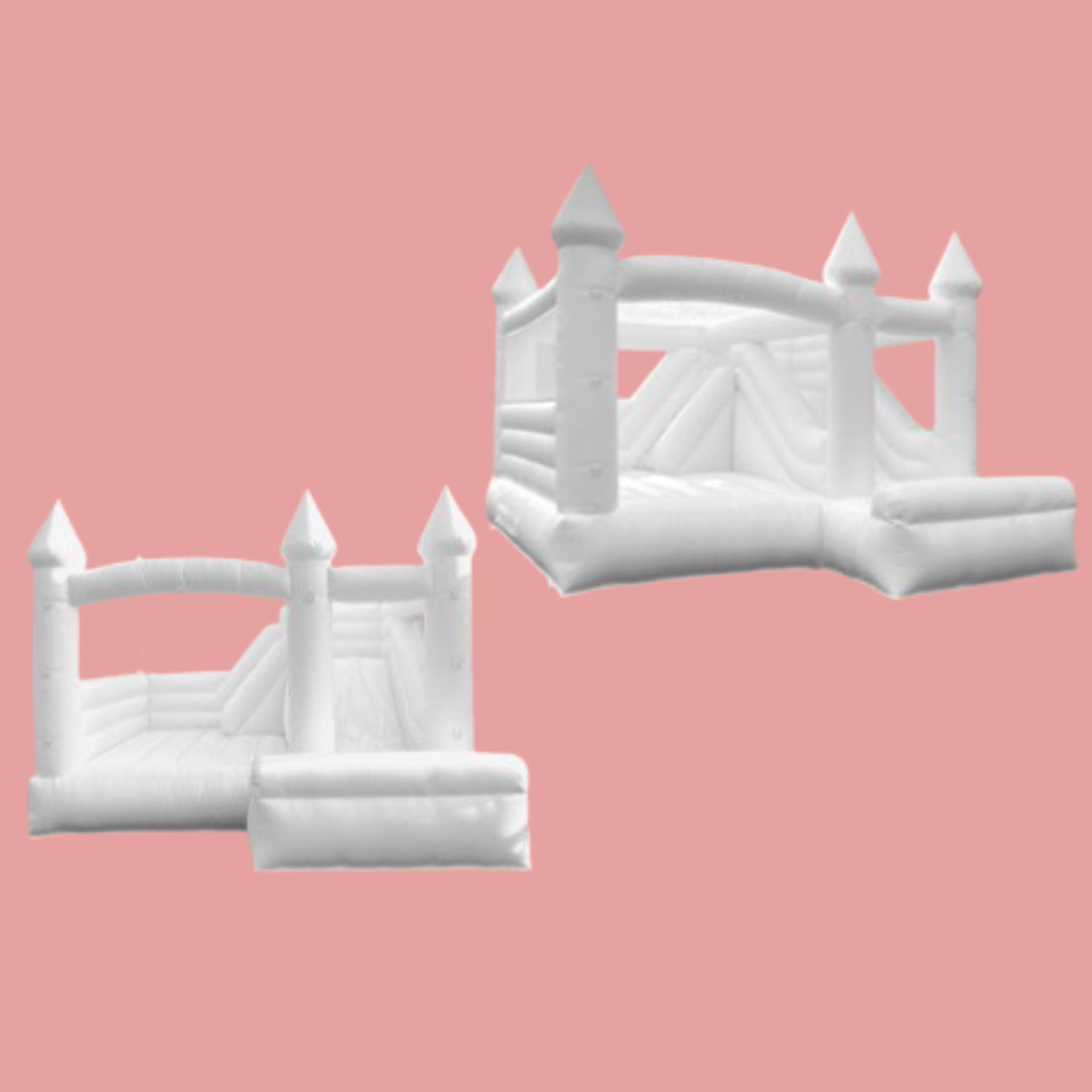 Two white inflatable bounce houses with castle-like turrets on a pink background.
