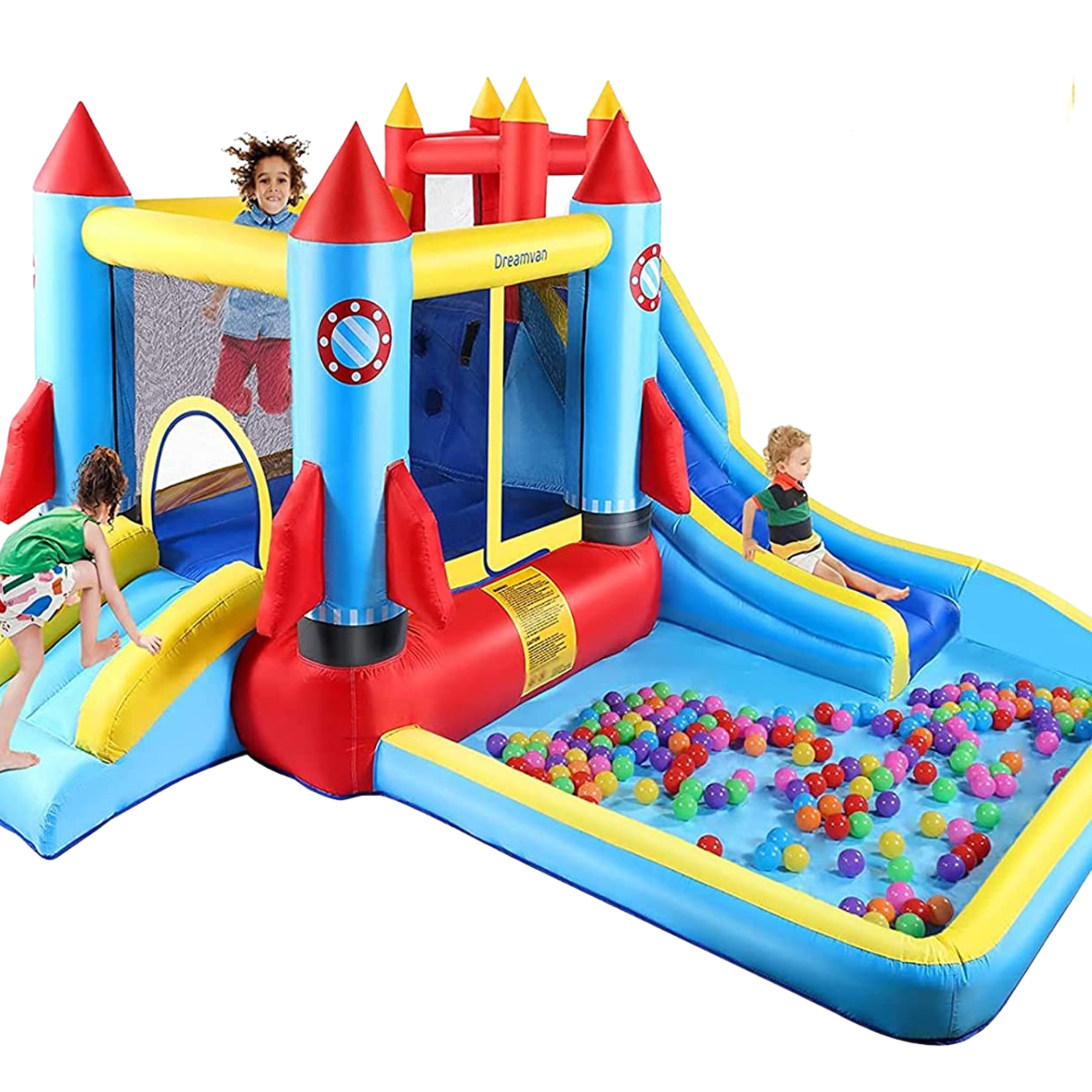 Children playing on an inflatable bounce house with a slide and ball pit