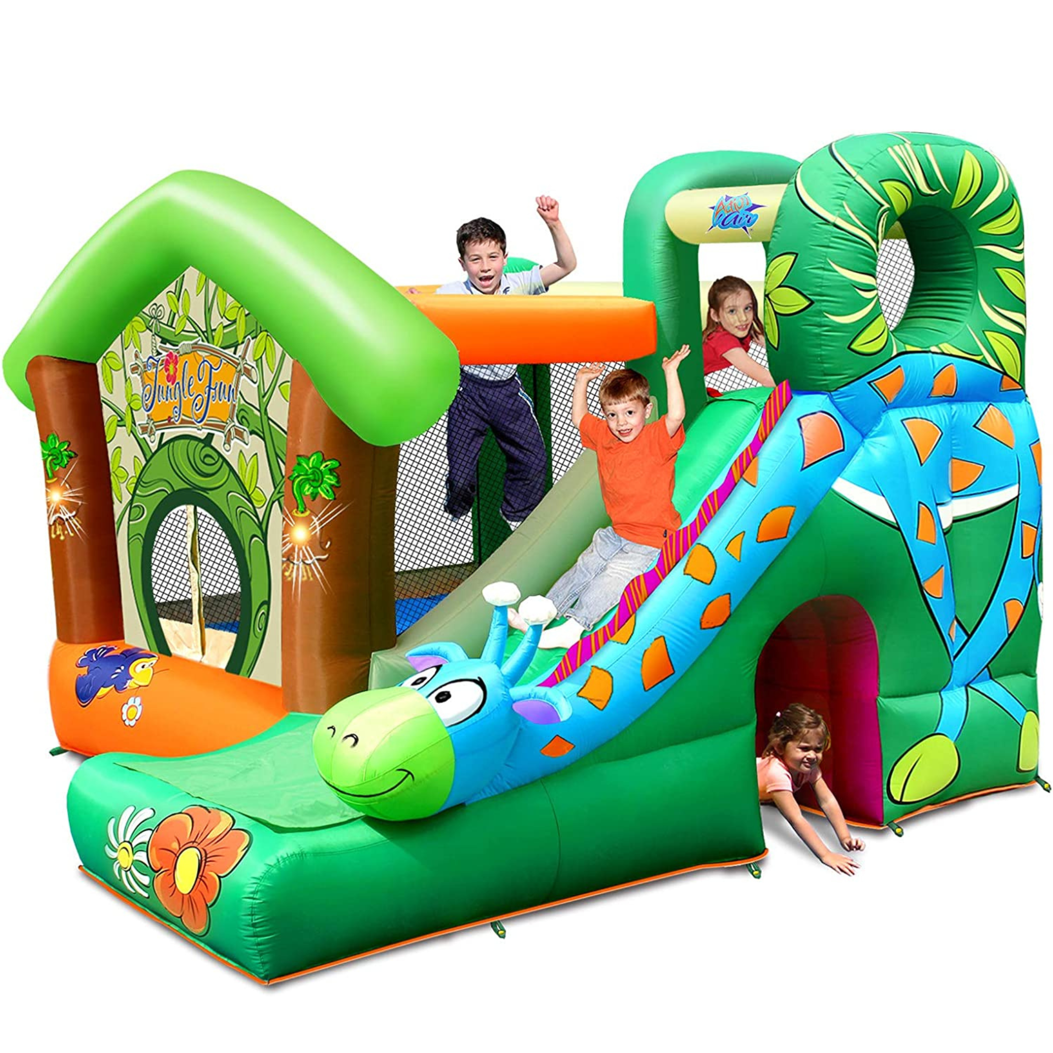 Colorful inflatable jungle-themed bounce house with slides, children playing and climbing, decorated with a smiling blue and green dragon, flowers, and jungle foliage.