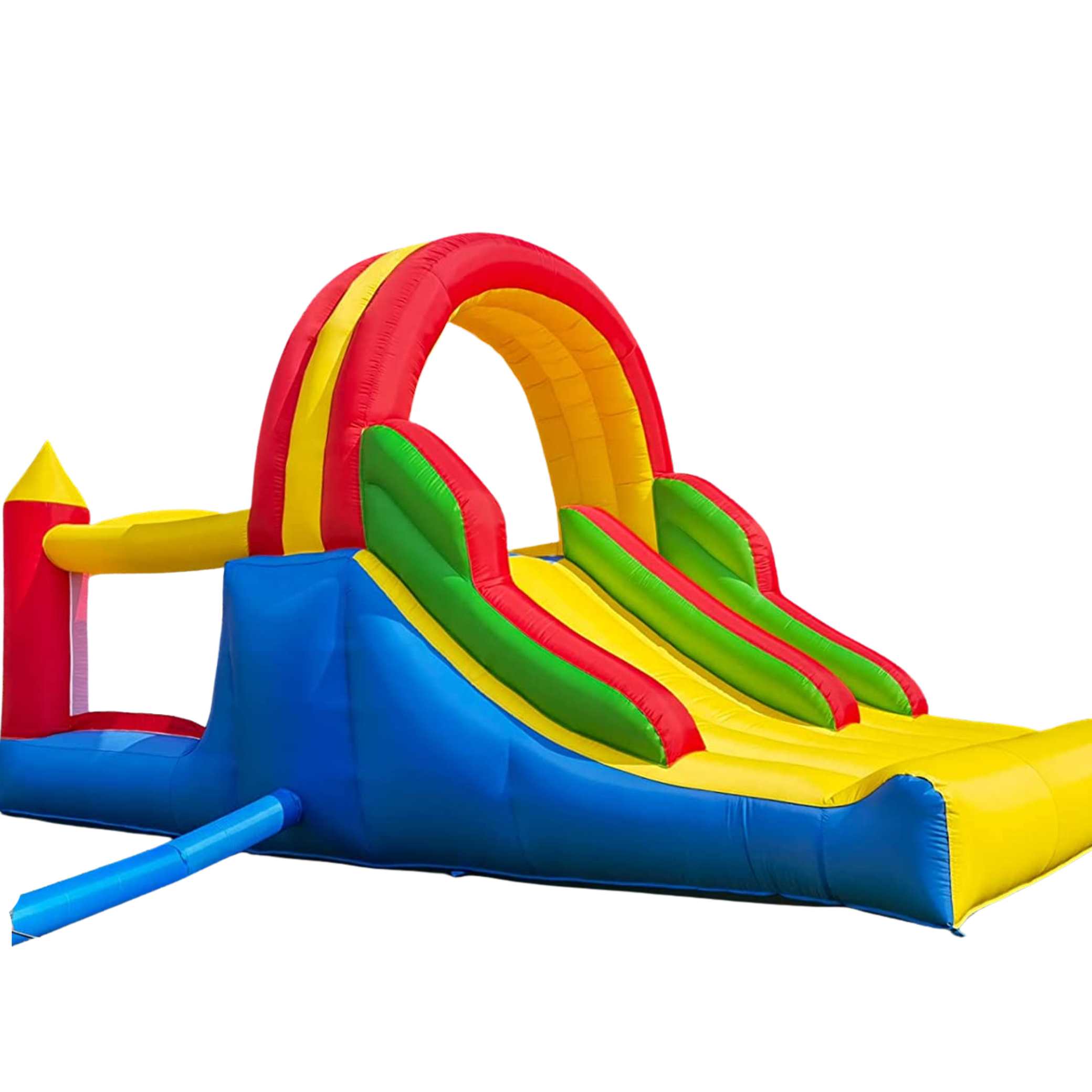 Colorful inflatable bounce house with slides, rainbow arch, and vibrant colors including red, yellow, green, and blue.