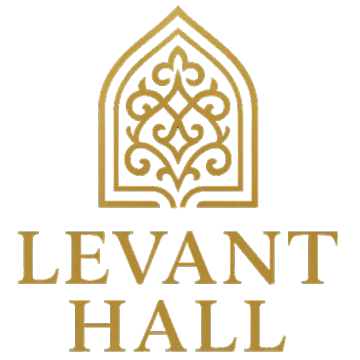 Gold ornate arch design above the text 'Levant Hall' in gold letters on a black background.