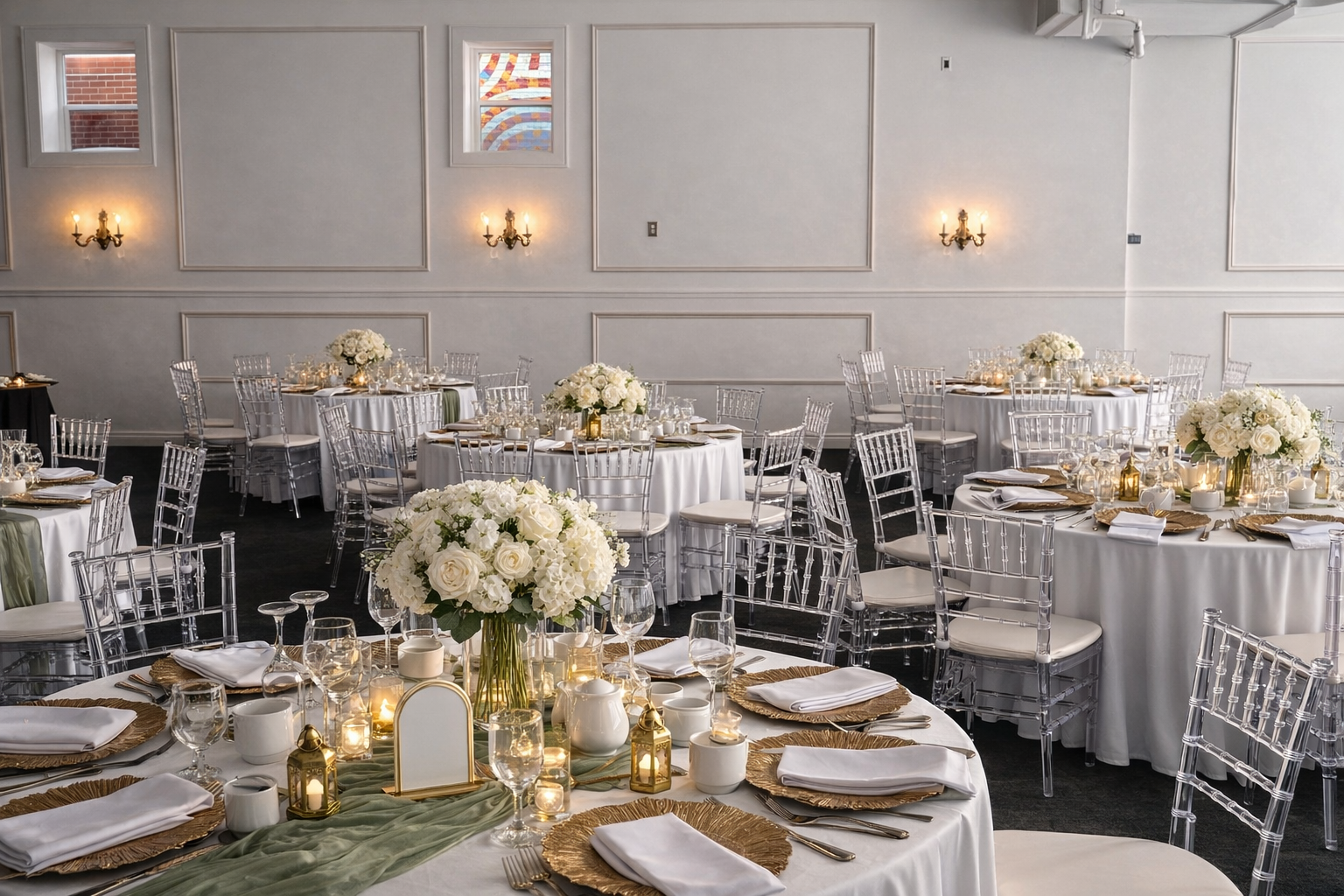 Elegant banquet hall decorated for a formal event with round tables covered in white tablecloths, adorned with white floral centerpieces, candles, and gold accents, surrounded by clear ghost chairs.