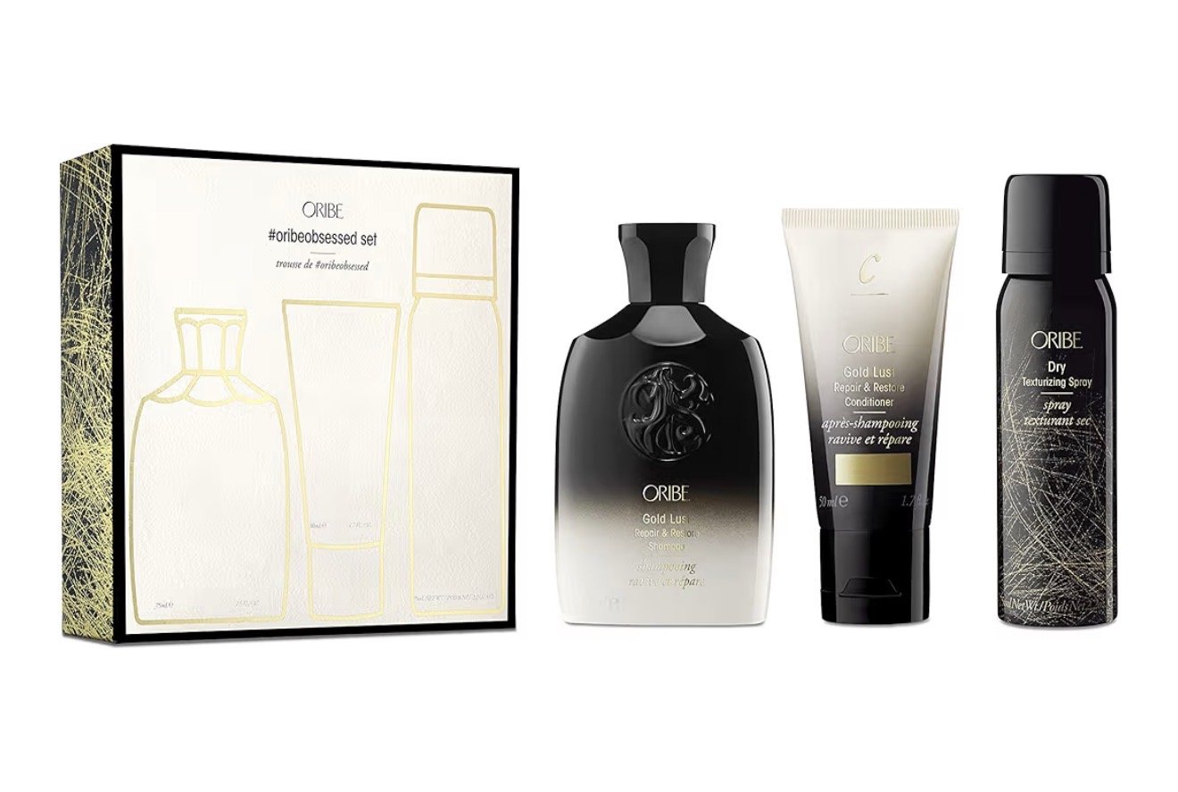 Oribe Obsessed Set luxury hair care gift set featuring shampoo, conditioner, and styling products designed to hydrate, strengthen, and add shine to all hair types. This premium Oribe hair set includes bestselling formulas that improve softness, smoot