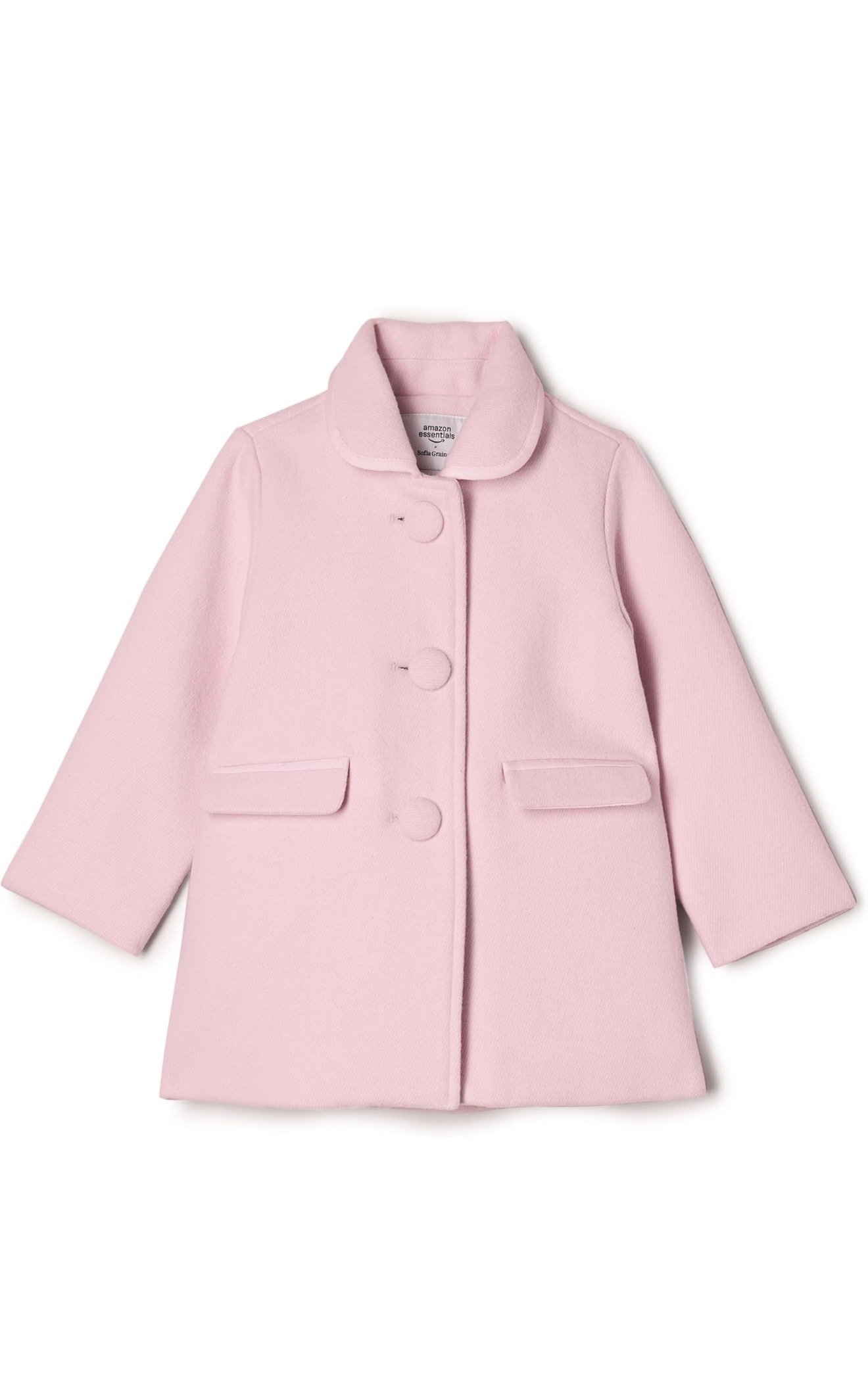 Amazon Essentials x Sofia Grainge Toddler Wool Blend Coat (Pink)
Toddler girls wool blend winter coat in soft pink featuring button front closure, tailored fit, and warm lining. Classic dress coat perfect for special occasions, holidays, family photo