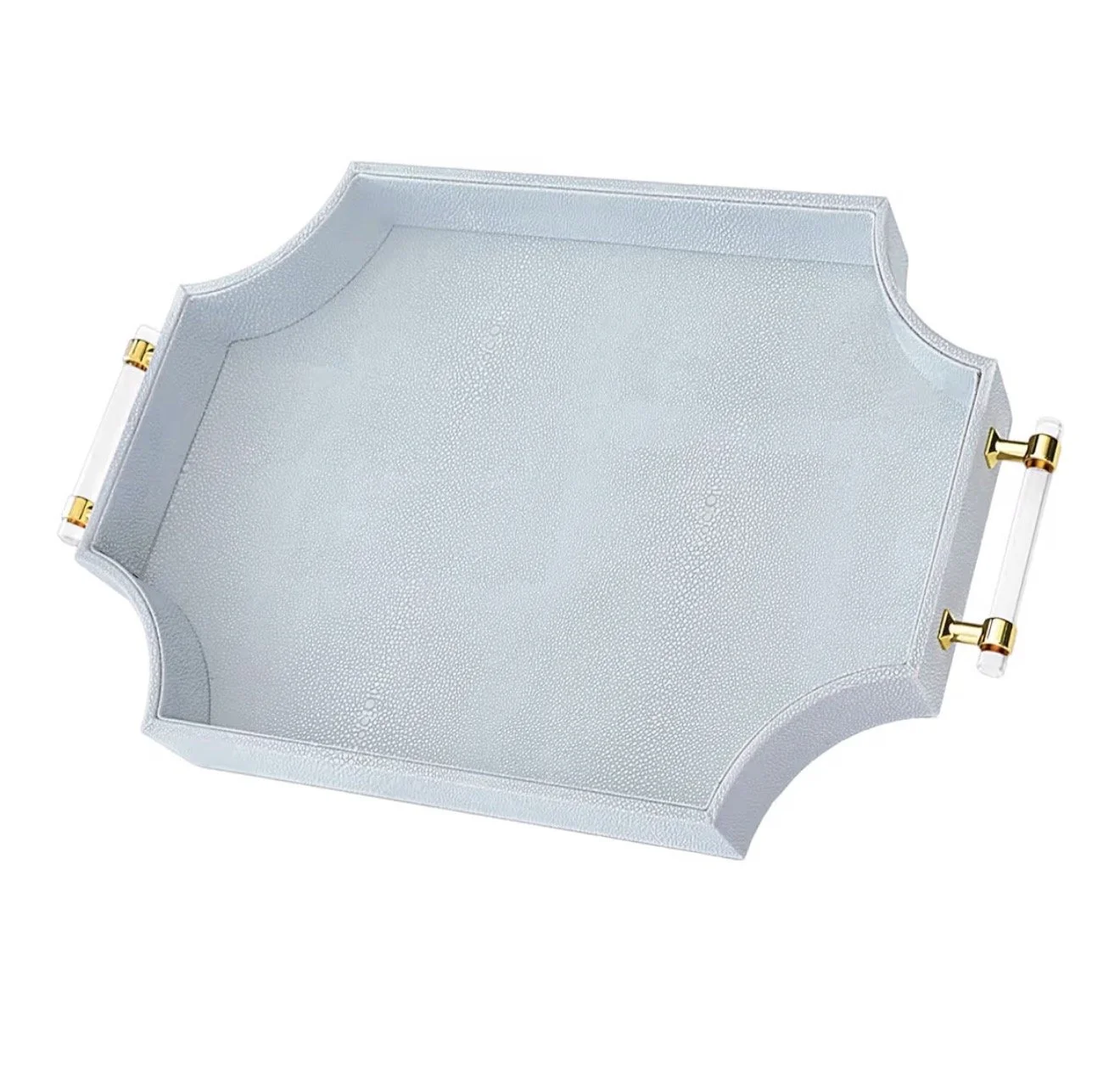Light blue textured decorative serving tray with gold handles