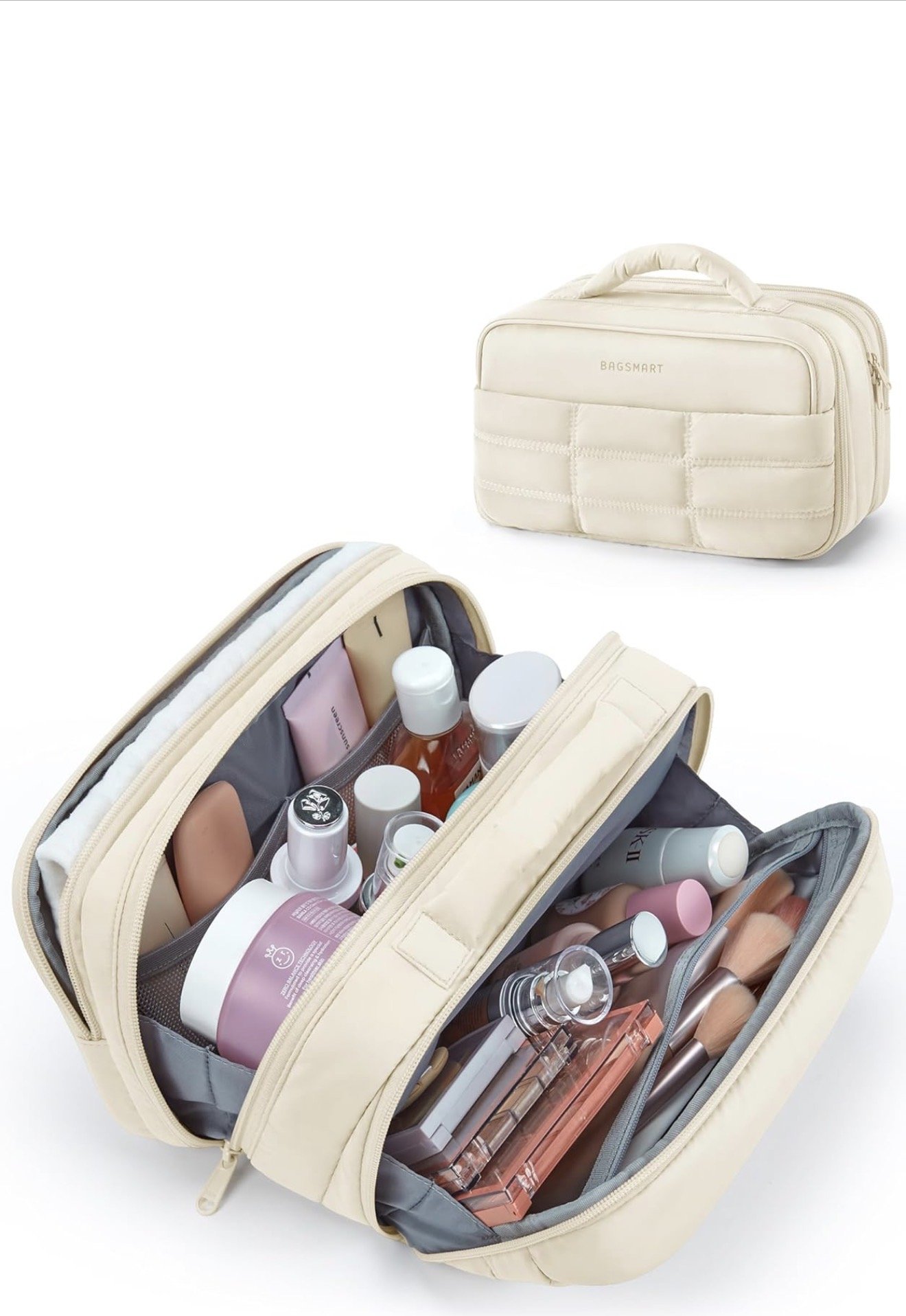 Travel Toiletry & Makeup Organizer Bag

This travel toiletry and makeup organizer bag features multiple compartments and interior pockets to keep skincare, cosmetics, and toiletries neatly organized while traveling. Designed with dual zip sections, b
