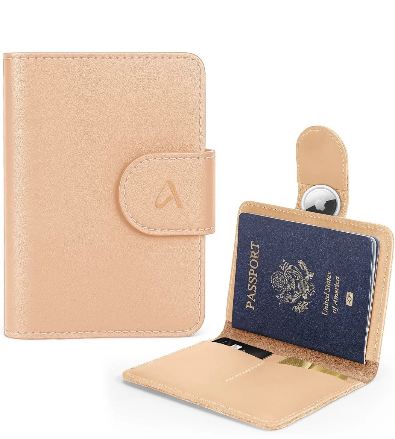 Genuine leather RFID passport holder with hidden AirTag pocket, designed to protect your passport, credit cards, and personal information while traveling. This slim travel wallet features multiple card slots, secure snap closure, and built-in AirTag 