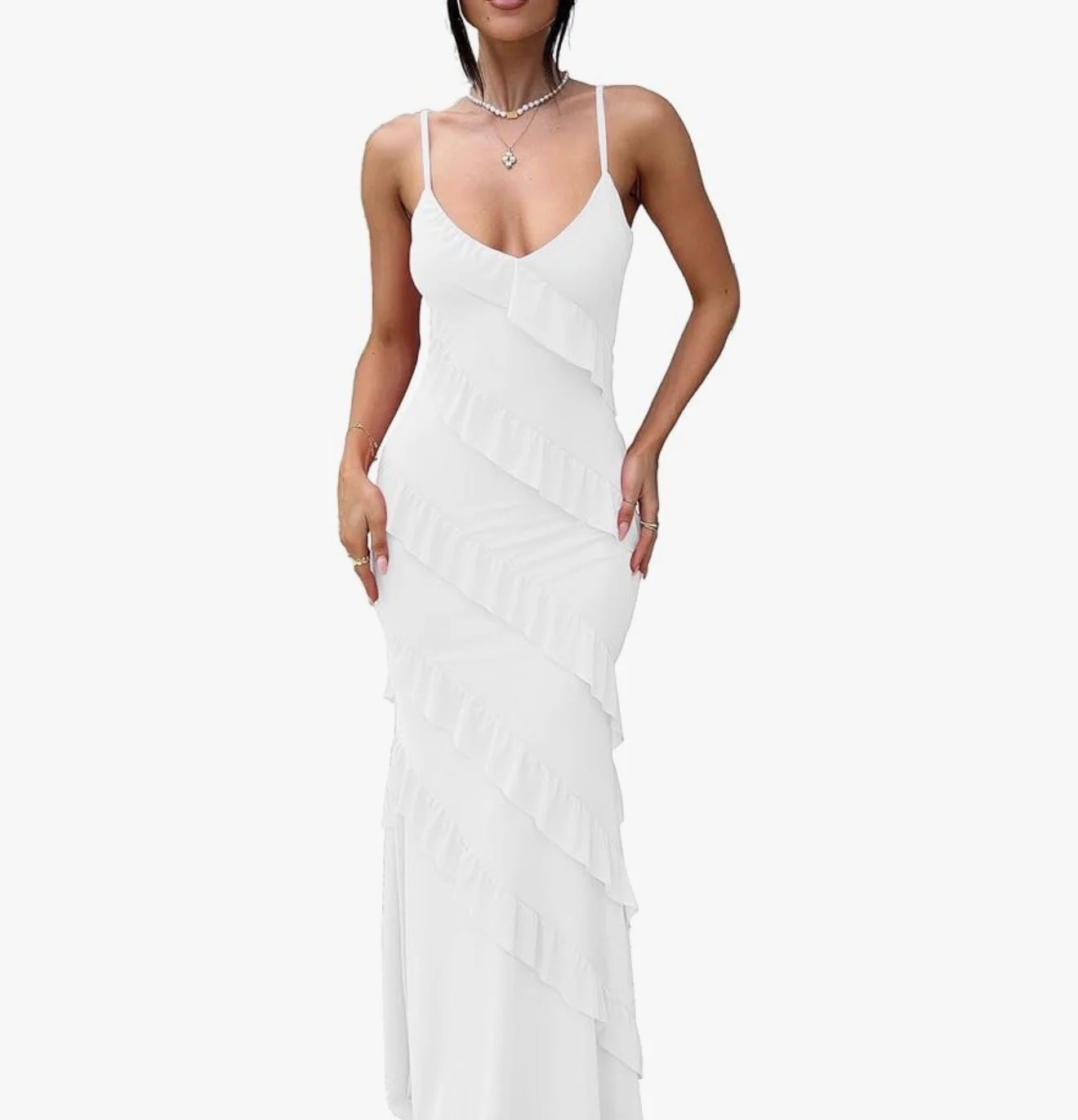 White ruffle maxi dress for rehearsal dinner and bridal shower